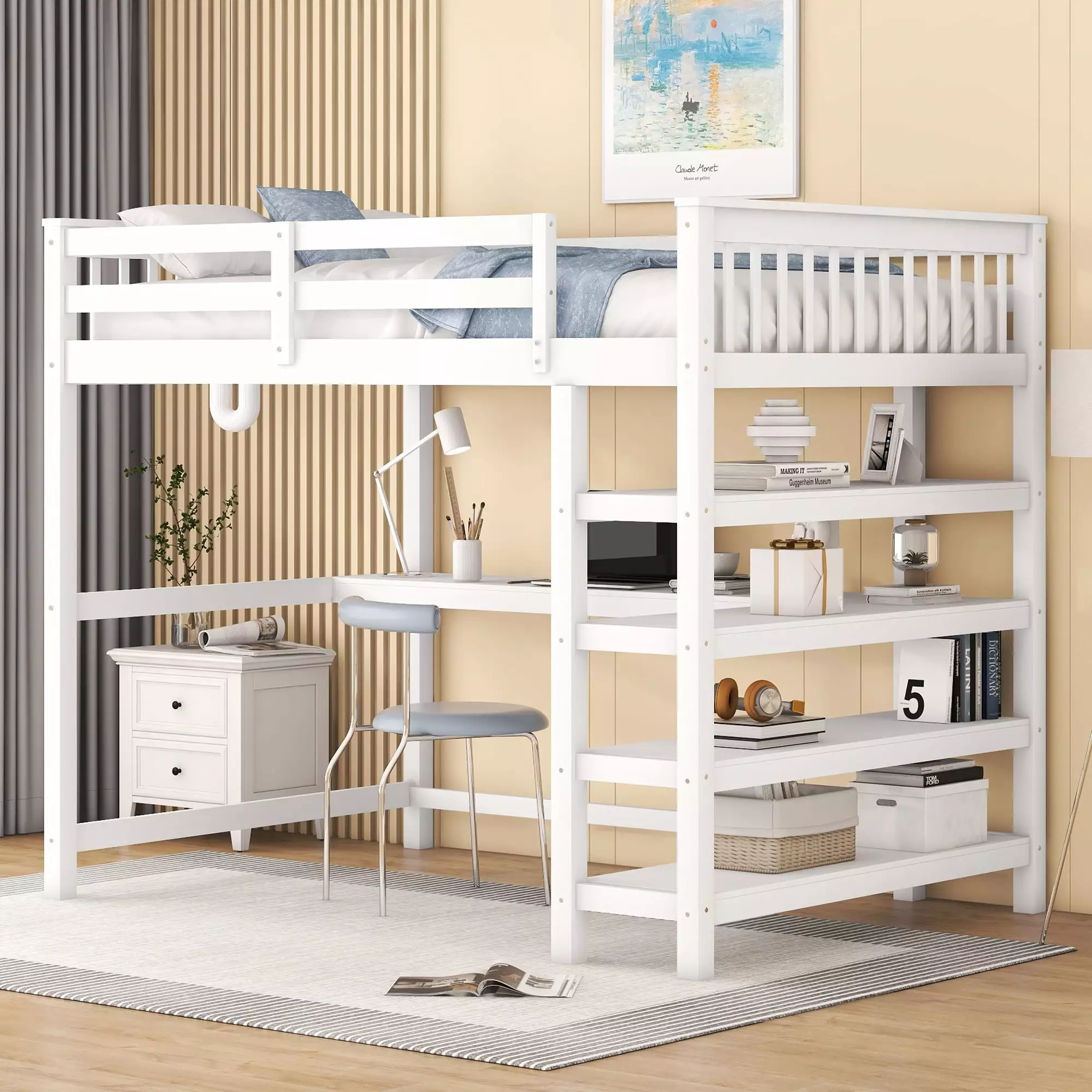 Euroco White Full Loft Bed Desk Storage Shelf Kids Bedroom Study Furniture