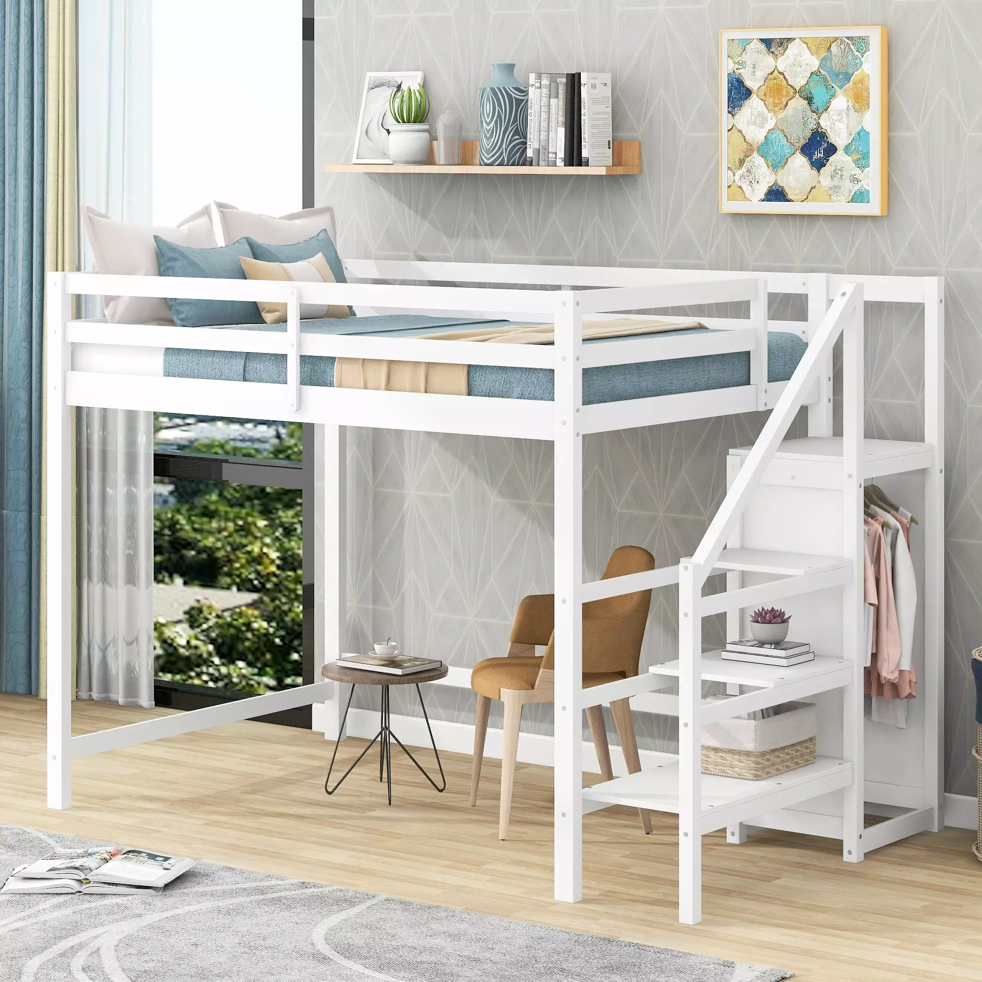 EUROCO White Full Size Loft Bed Storage Wardrobe Shelf Kids Bedroom Furniture
