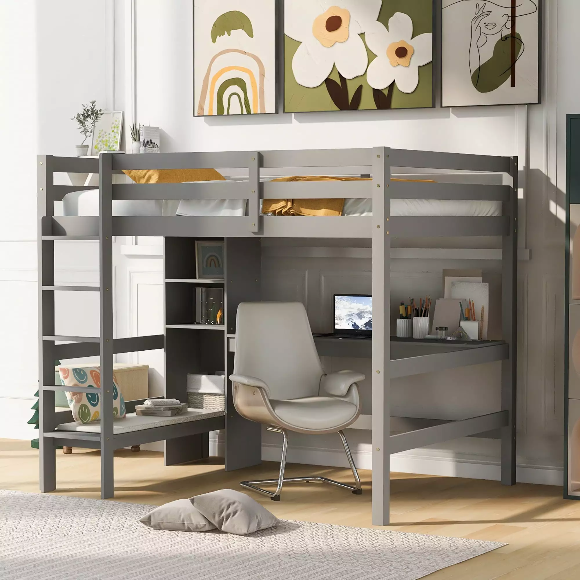 Euroco Wood Full Size Loft Bed Storage Cabinet Desk and Bench Storage Bed Kids Teens Adults Gray