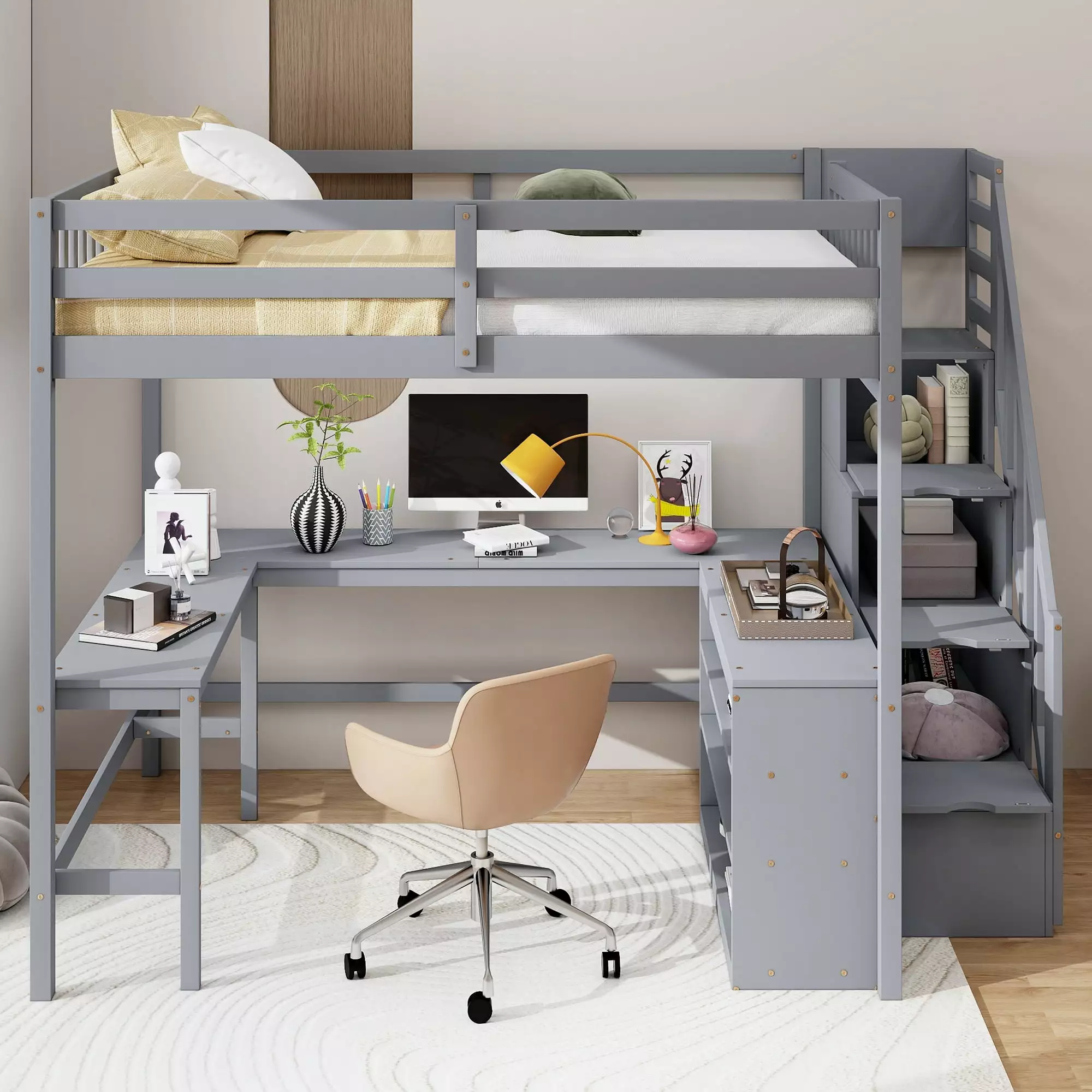 EUROCO Wood Full Size Loft Bed Desk Shelf and Storage Staircase Kids Teens Adults Built- Desk Bookcase Gray