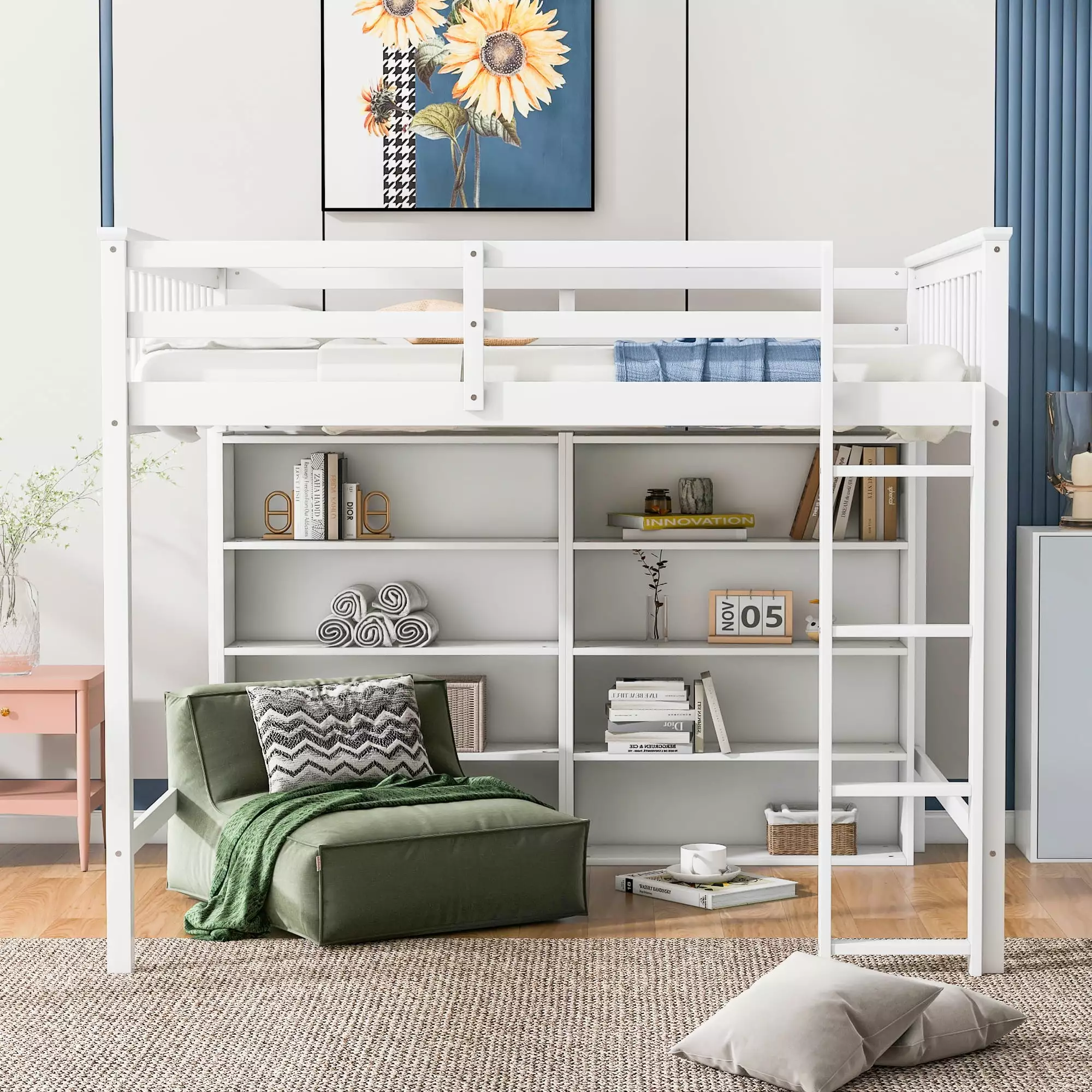 Euroco Wood Full Size Loft Bed Shelf Kids Bedroom Storage and Display Case White