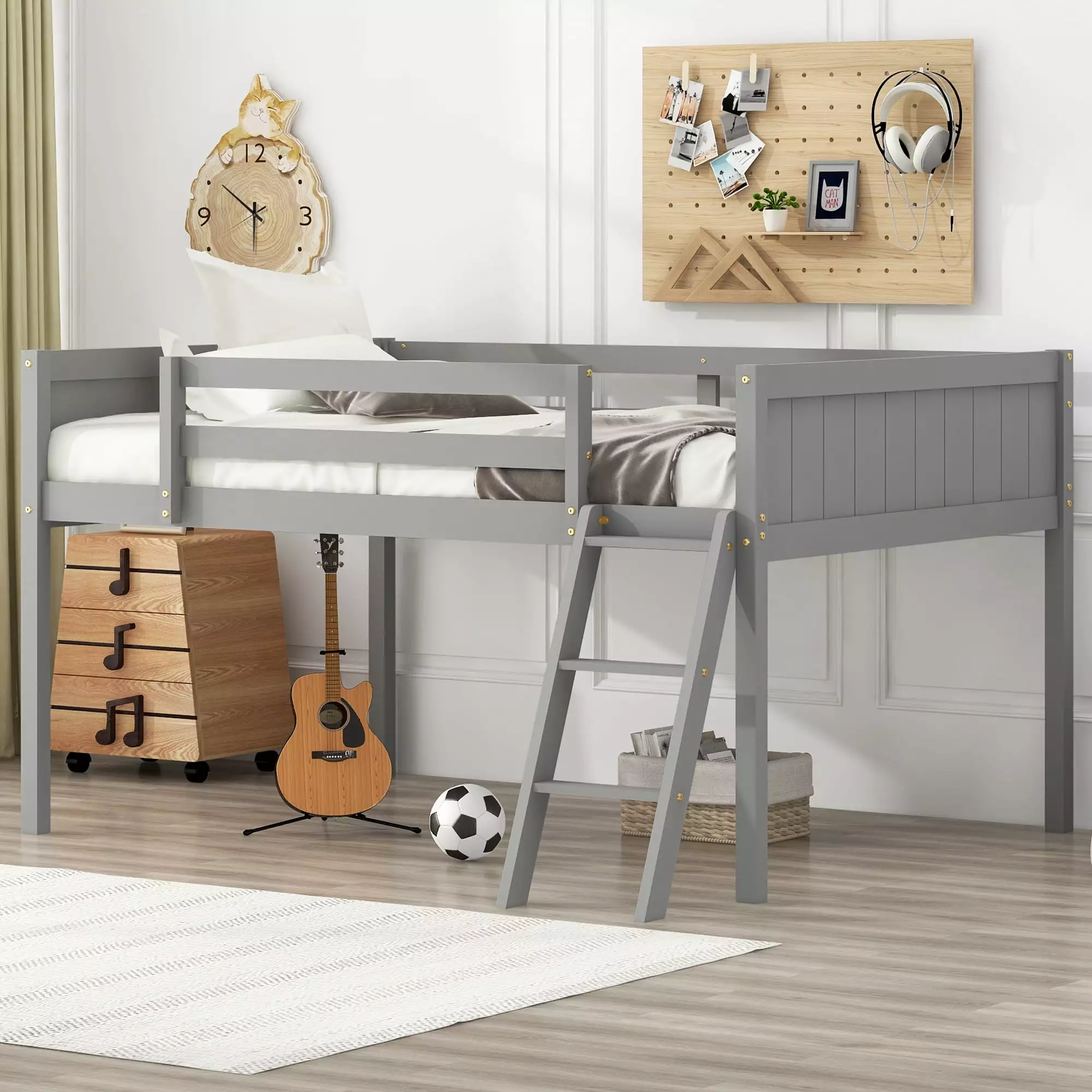 Euroco Wood Full Size Loft Bed Ladder Kids Gray
