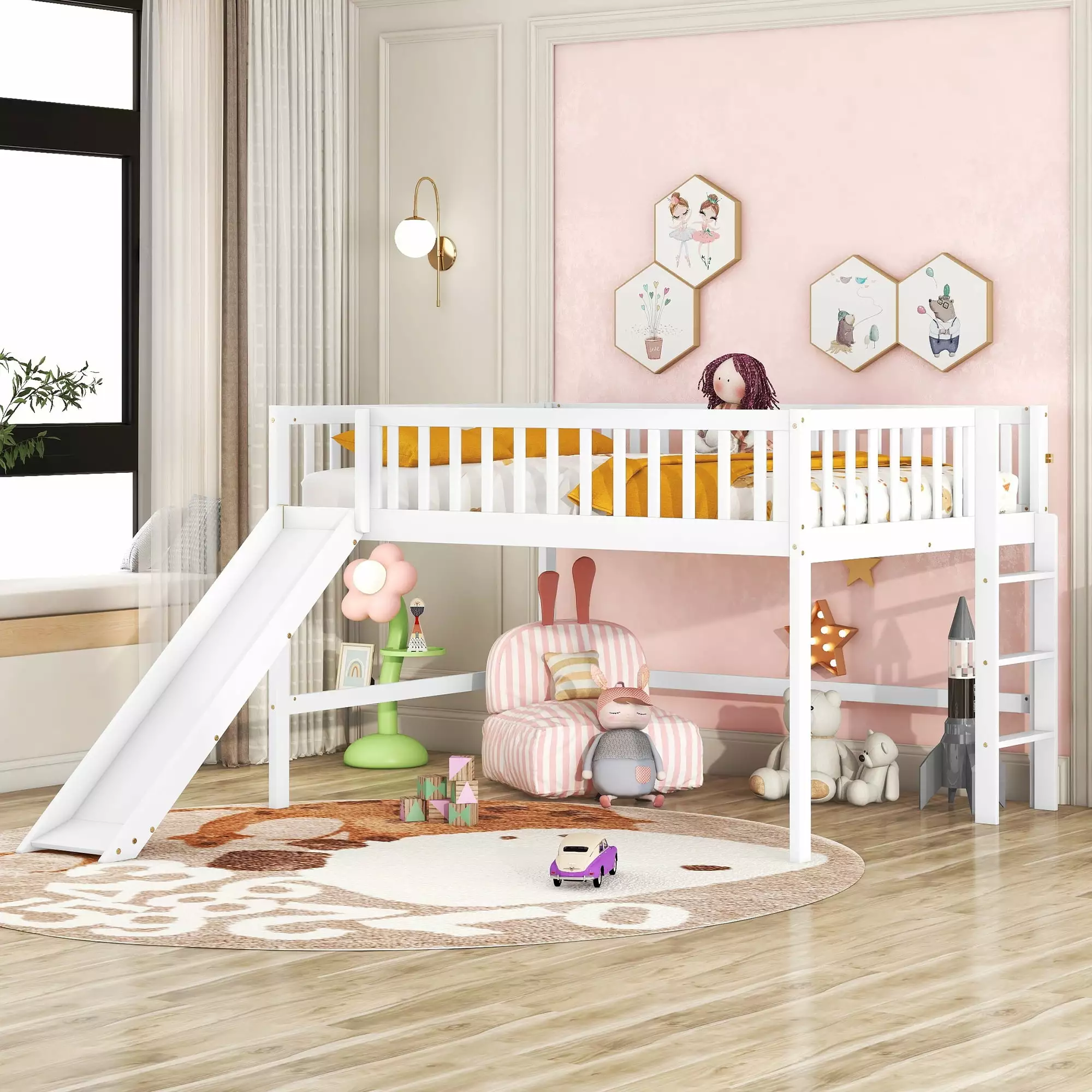 Euroco Wood Full Size Low Profile Loft Bed Vertical Ladder and Slide White