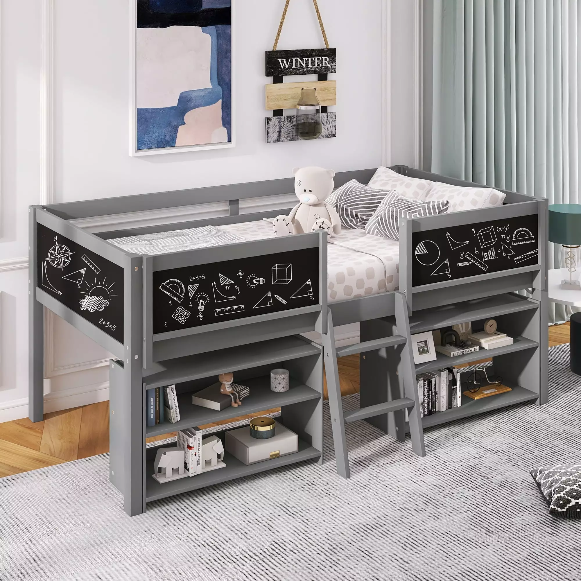 Euroco Wood Twin Loft Bed Chalkboards and Shelves Gray