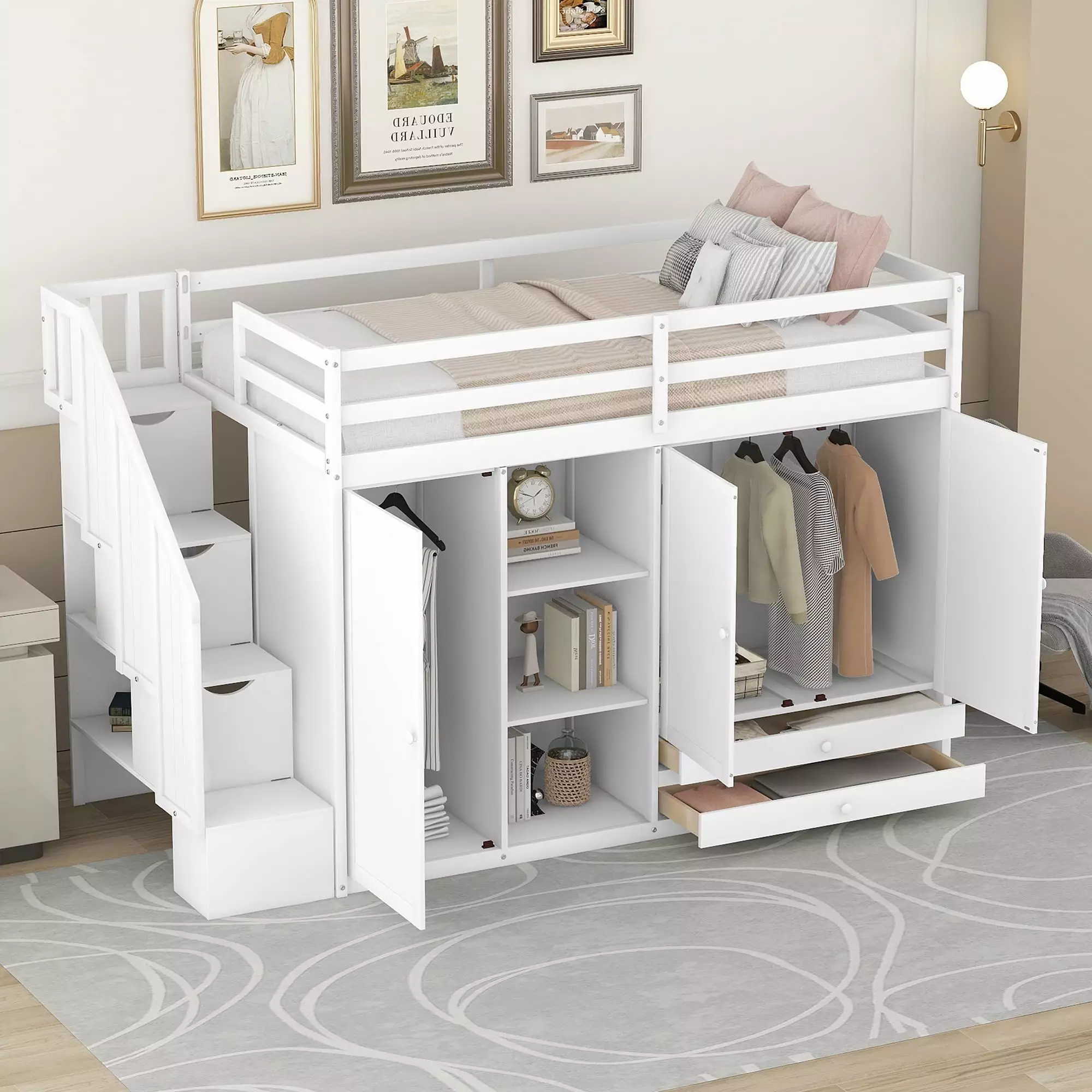 Euroco Wood Twin Loft Bed Wardrobe Shelf and Drawers Kids Bedroom White