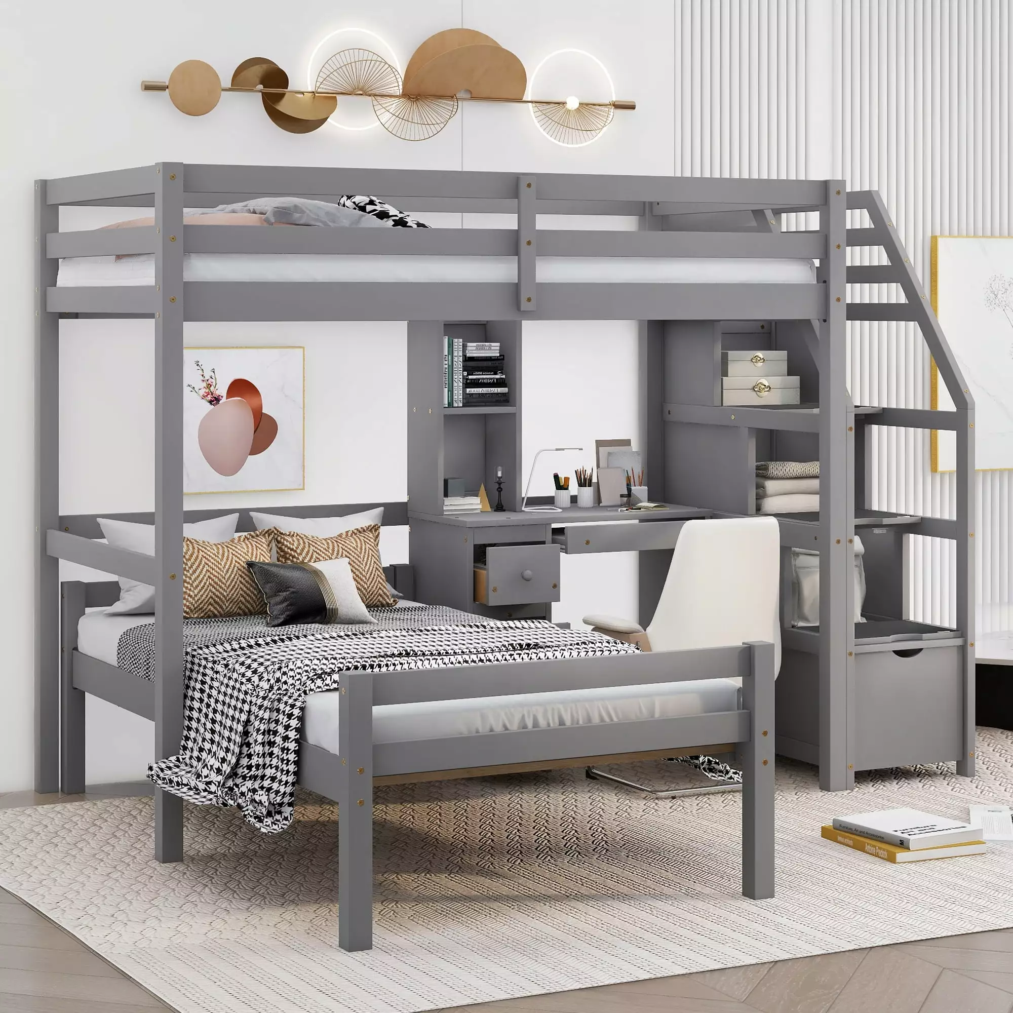 Euroco Wood Twin Size Bunk Loft Bed Desk Drawers and Shelf Kids Bedroom Gray