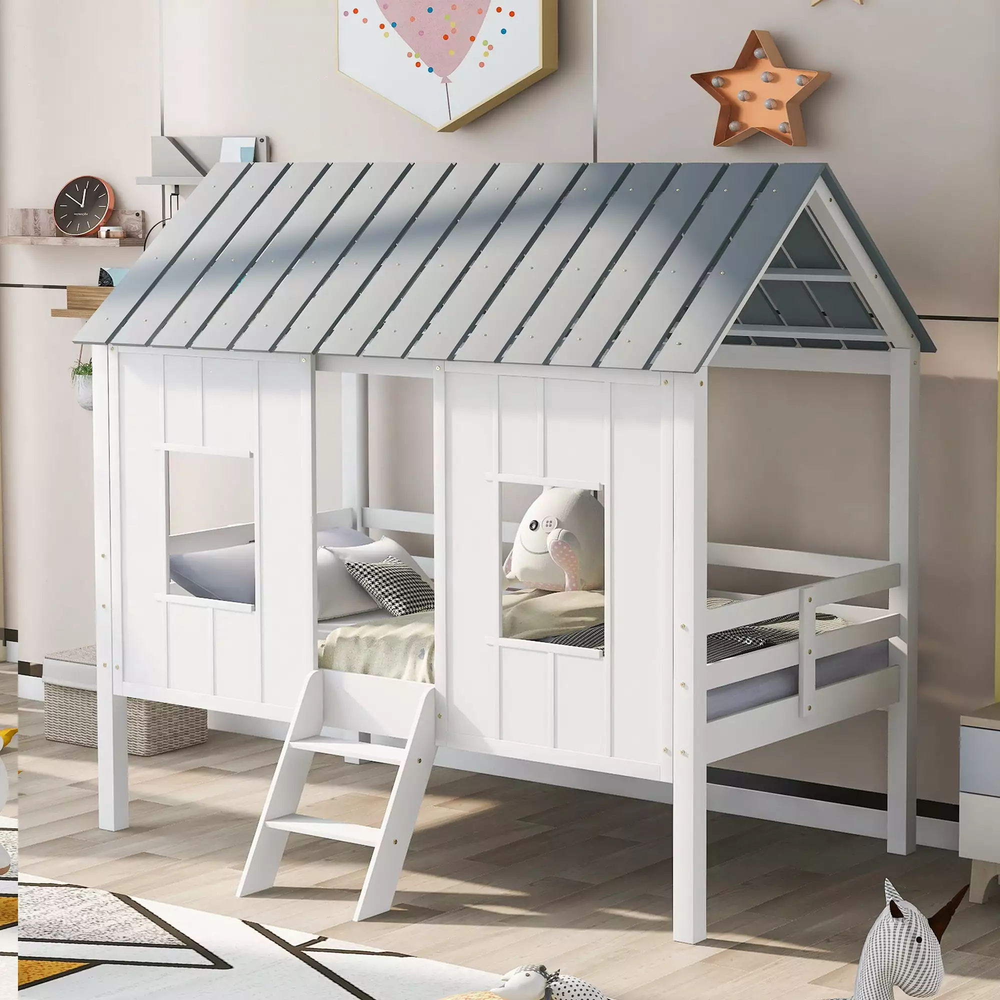Euroco Wood Twin Size Houtilize Bed Ladder Low Loft Bed Kids White