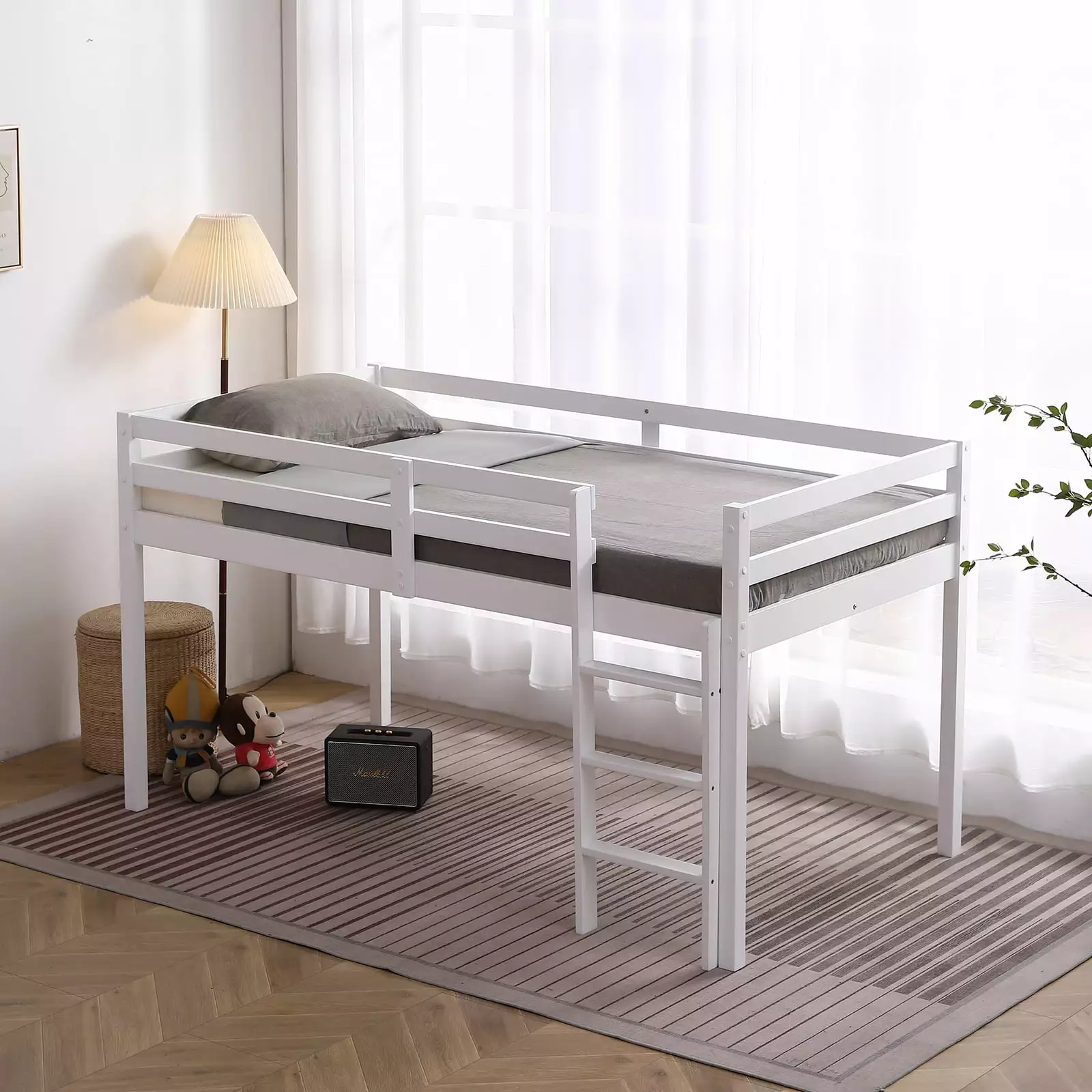 SalonMore Wood Low Loft Bed Twin Size Bed Kids Space Saving Bed Frame White FCH