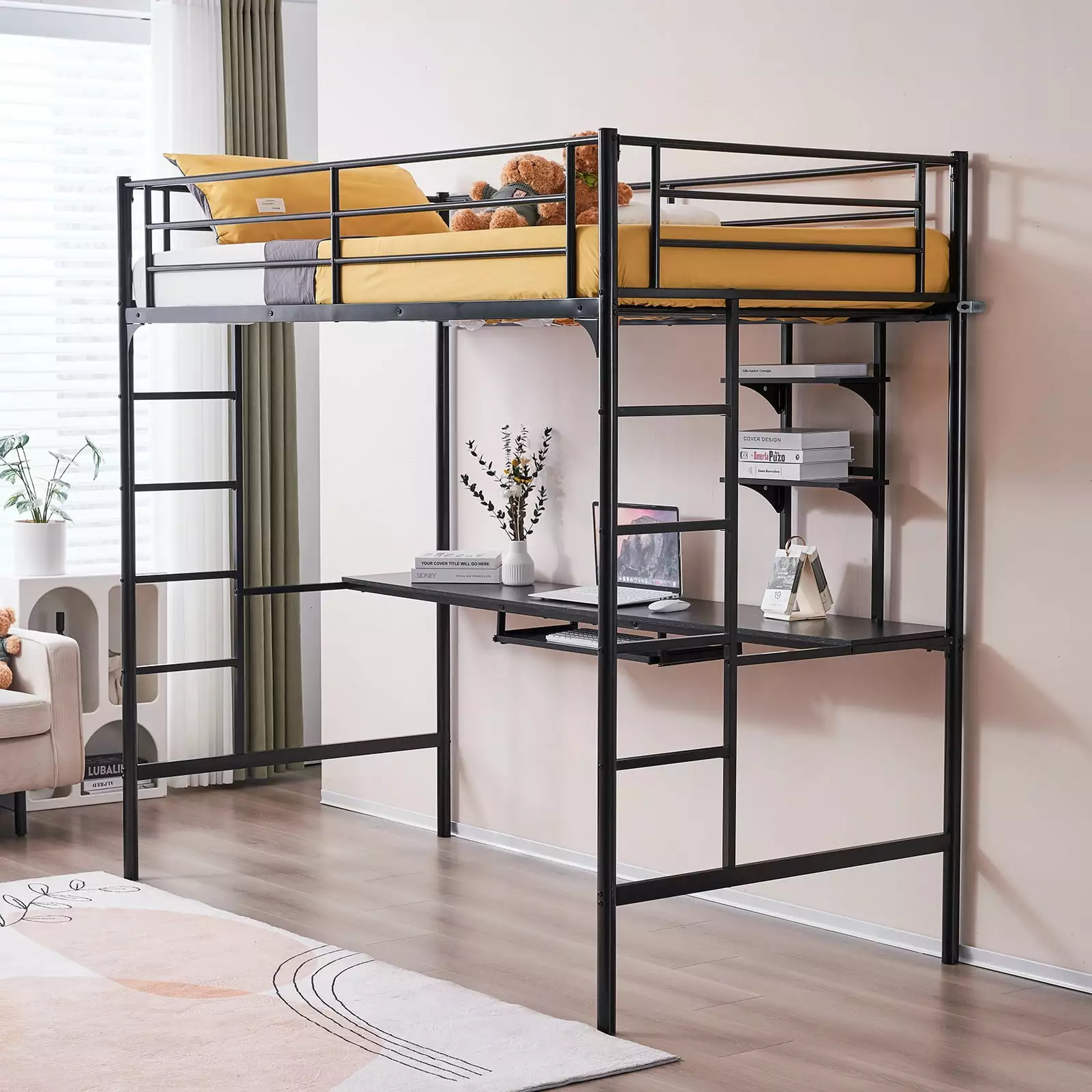 SamyoHome Twin Metal Loft Bed Merged Desk and Shelves - Black Bunk Bed Kids FCH