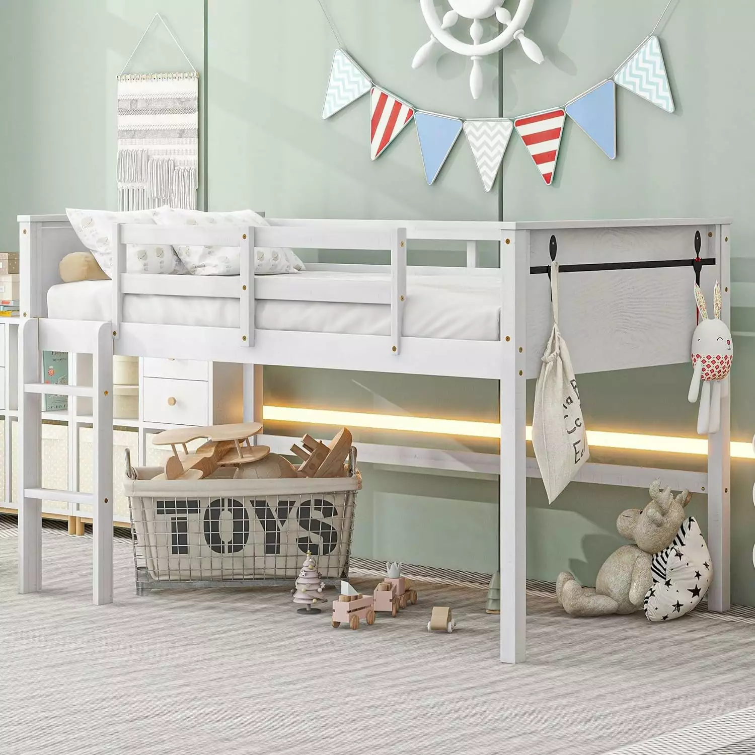 Twin Size Low Loft Bed Hanging Clothes Racks Kids Wood Junior Loft Bed Frame Ladder FIHONZIZA
