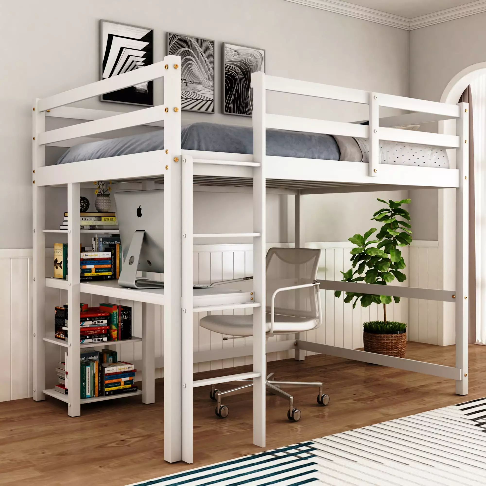 Wood Loft Bed Desk Full Size Loft Bed 4 Storage Shelves and Under-Bed Desk White FSTAR