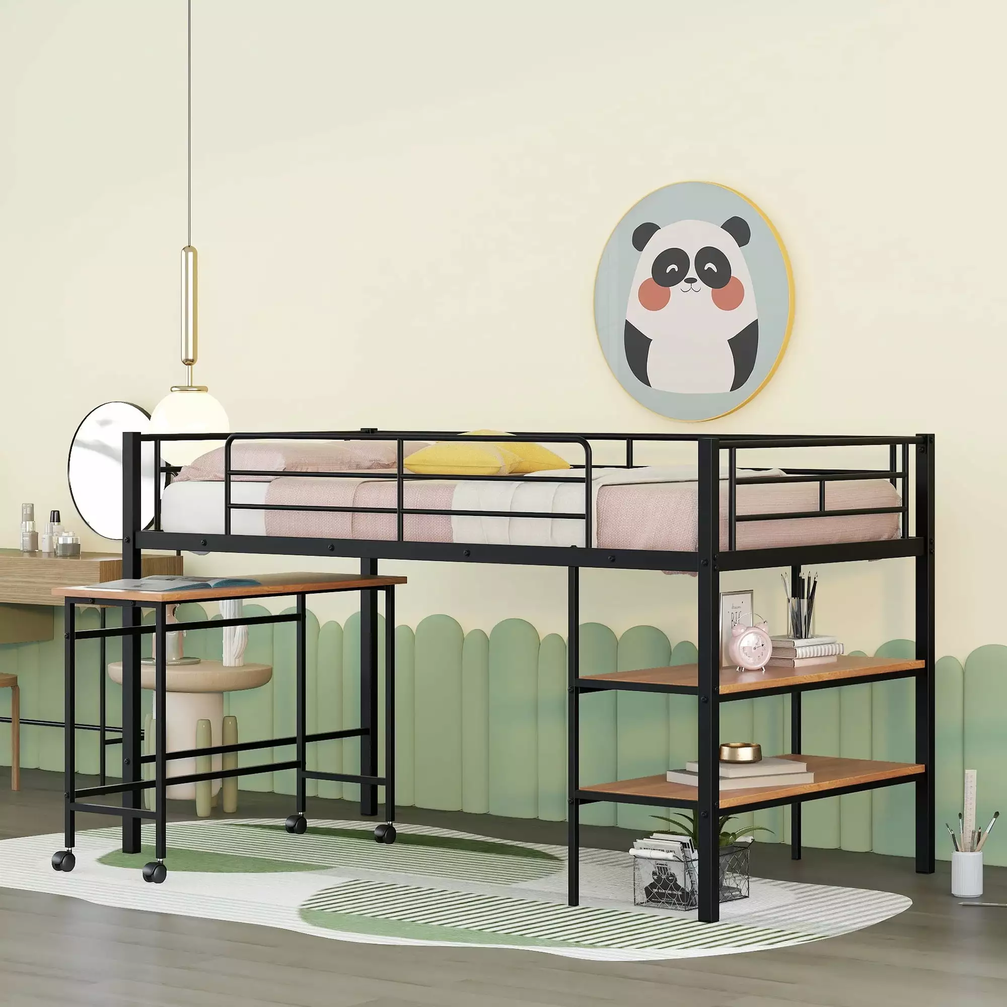 Gewnee Twin Size Metal Loft Bed Desk and Shelving Kids Teens Black Space Saving Bed