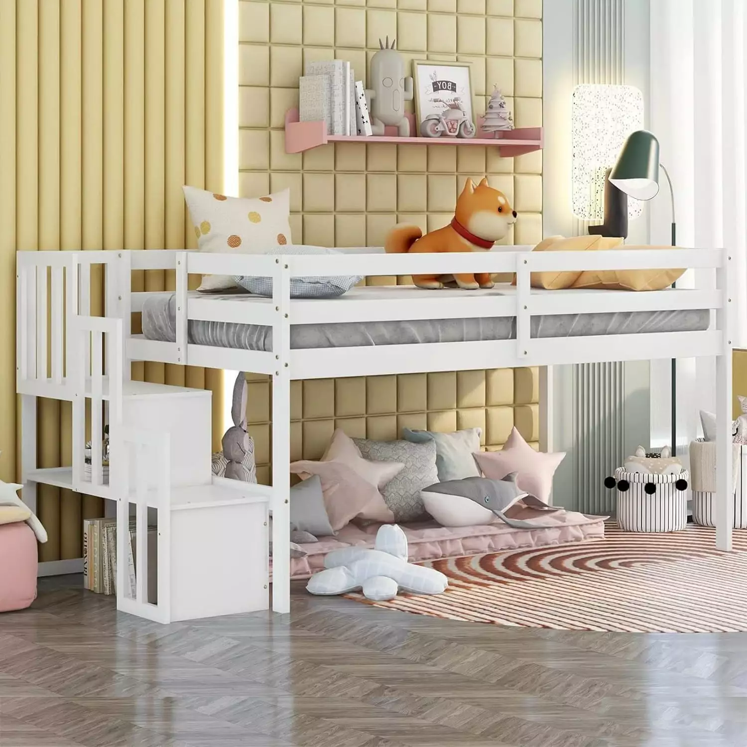 Gewnee Wood Twin Low Loft Bed Storage Staircase and Protectty Guardrails Kids White