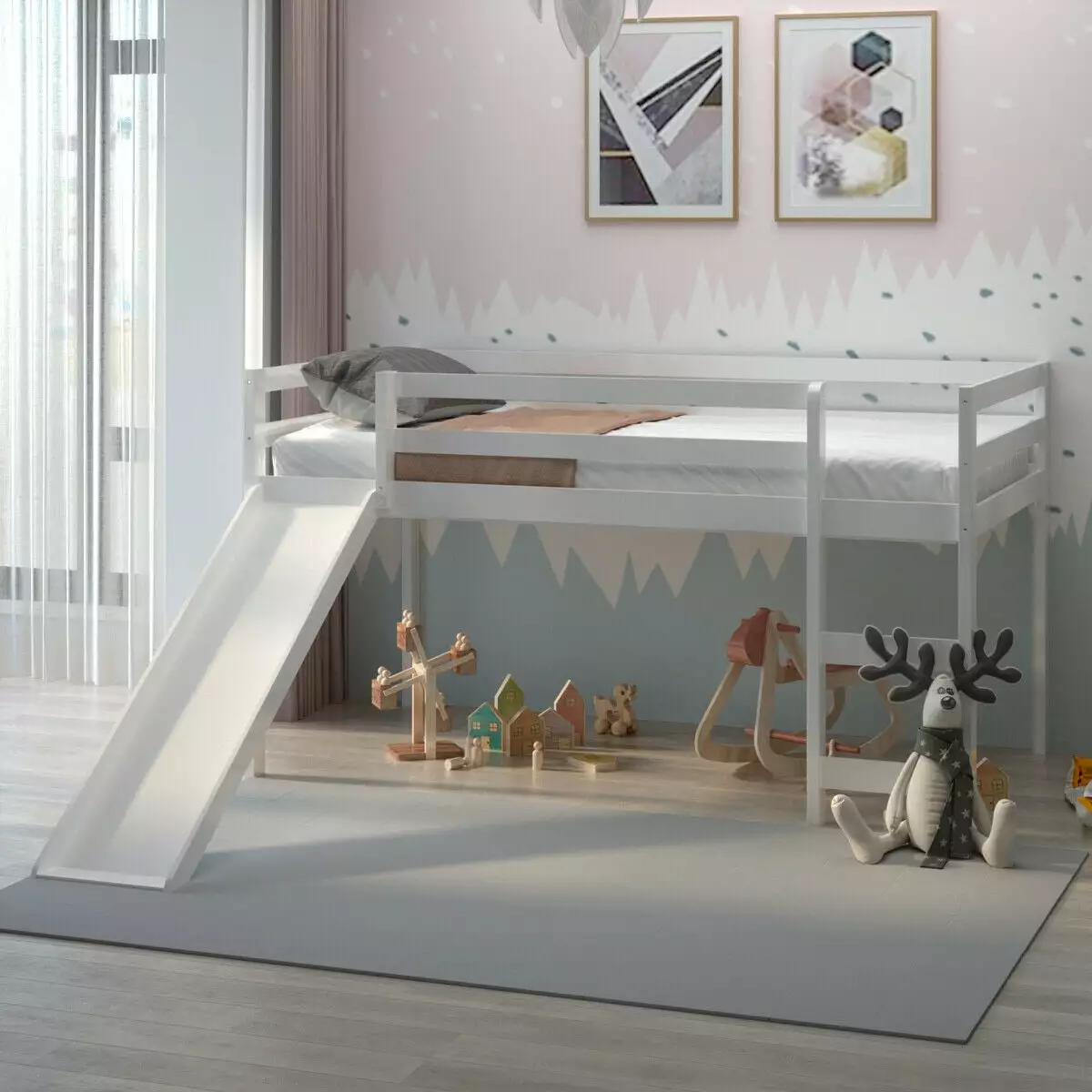 Gymax Twin Size Loft Bed Slide Wood Low Sturdy Loft Bed Kids Bedroom White