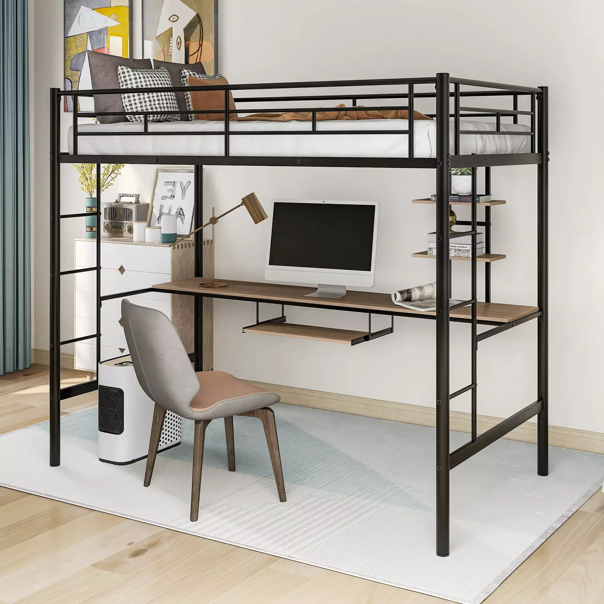 Hassch Twin Loft Bed Desk Shelf - Space-Saving Design Black