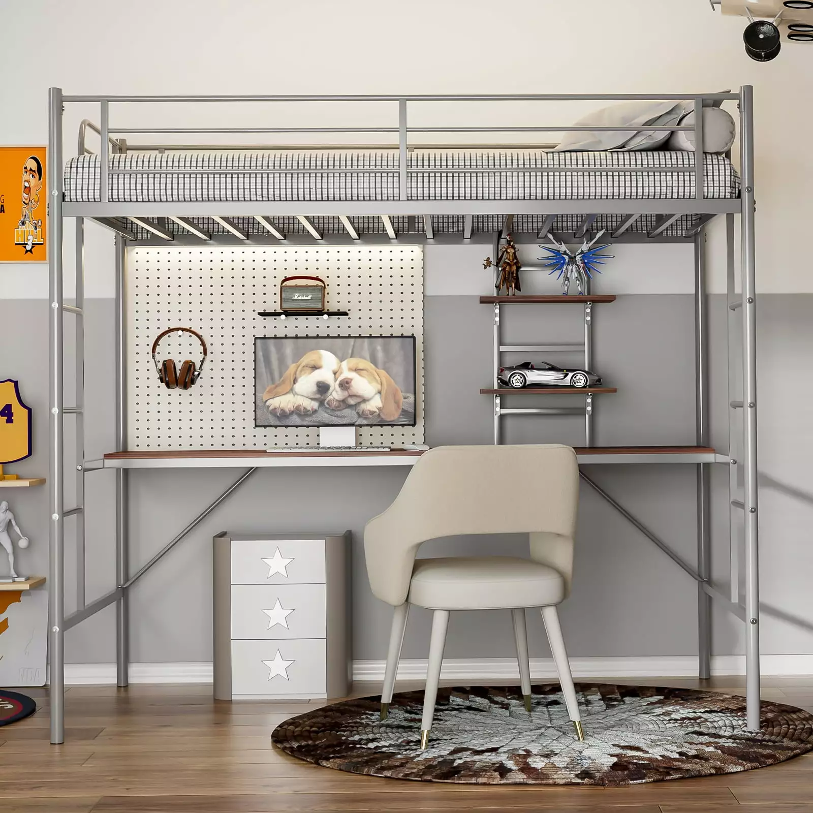 IKIFLY Metal Twin Size Loft Bed Frame Desk and Storage Shelves Silver Grey