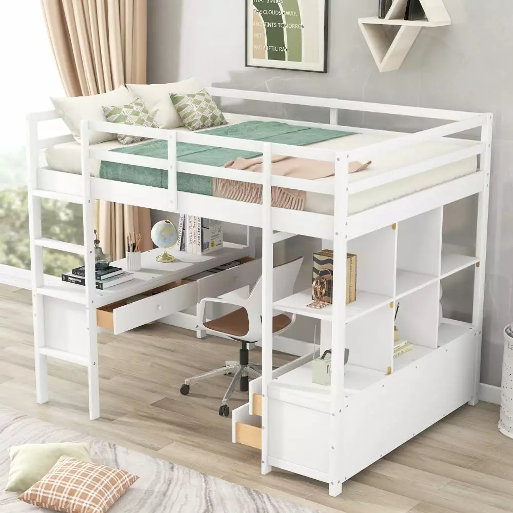 Full Size Loft Bed Multifunctional Loft Bed Built- Desk and Two Drawers Wood Loft Bed Frame Storage Shelves Kids Teens Adu...