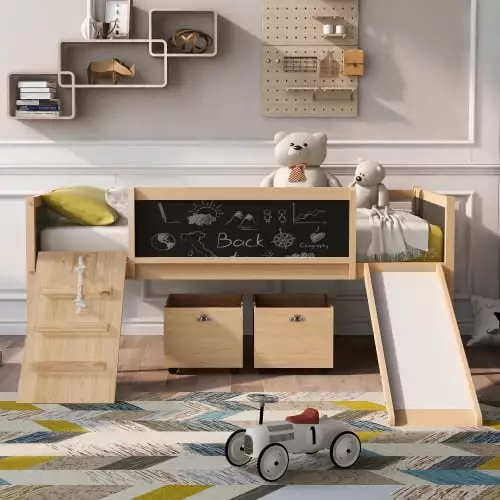 Low Loft Bed Slide and Two Storage Boxes Chalkboard Wood Twin Size Loft Bed Climbing Frame and Rope Natural INCLAKE