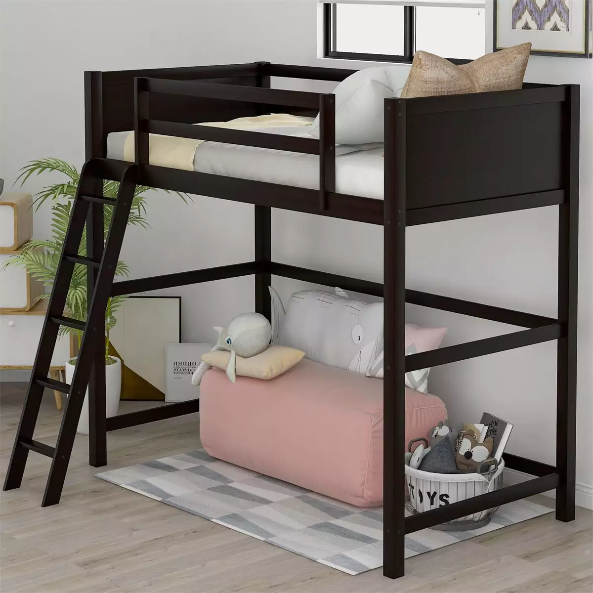 Solid Wood High Loft Bed Ladder - Espresso No Box Spring Required INCLAKE