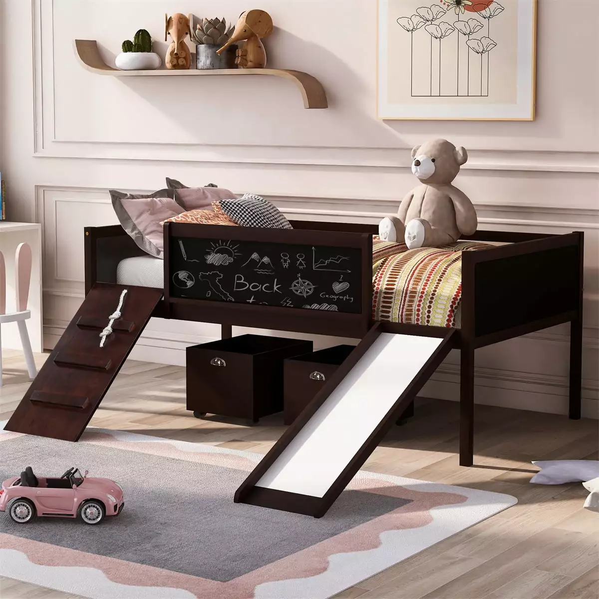 Twin Size Loft Bed Slide and Two Storage Boxes - Wood Loft Bed Climbing Frame and Chalkboard - Espresso INCLAKE