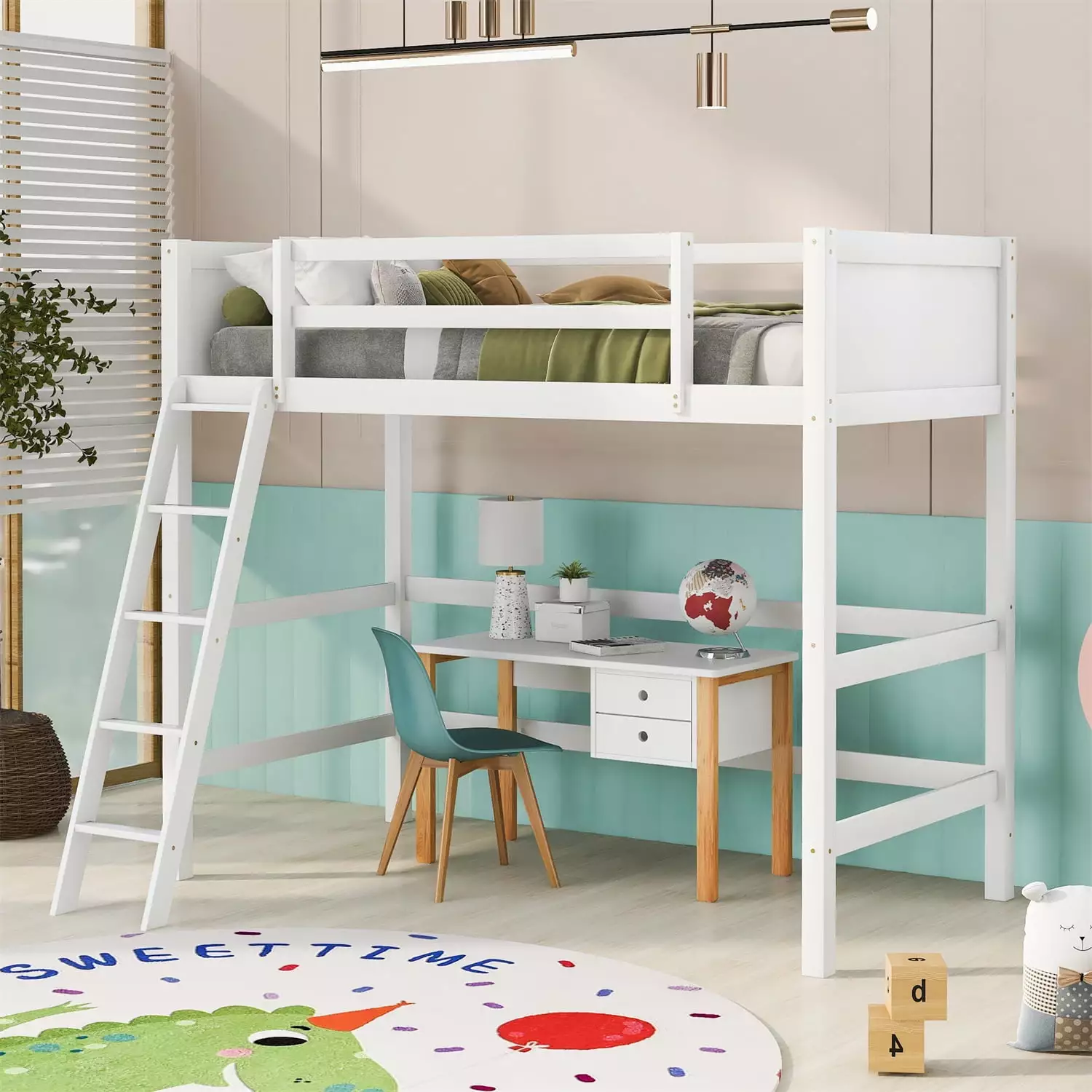 Wood Loft Bed Kids Twin Size Loft Bed Frame Inclined Ladder and Full-Length Guardrail Under Bed Storage Space Saving Desig...