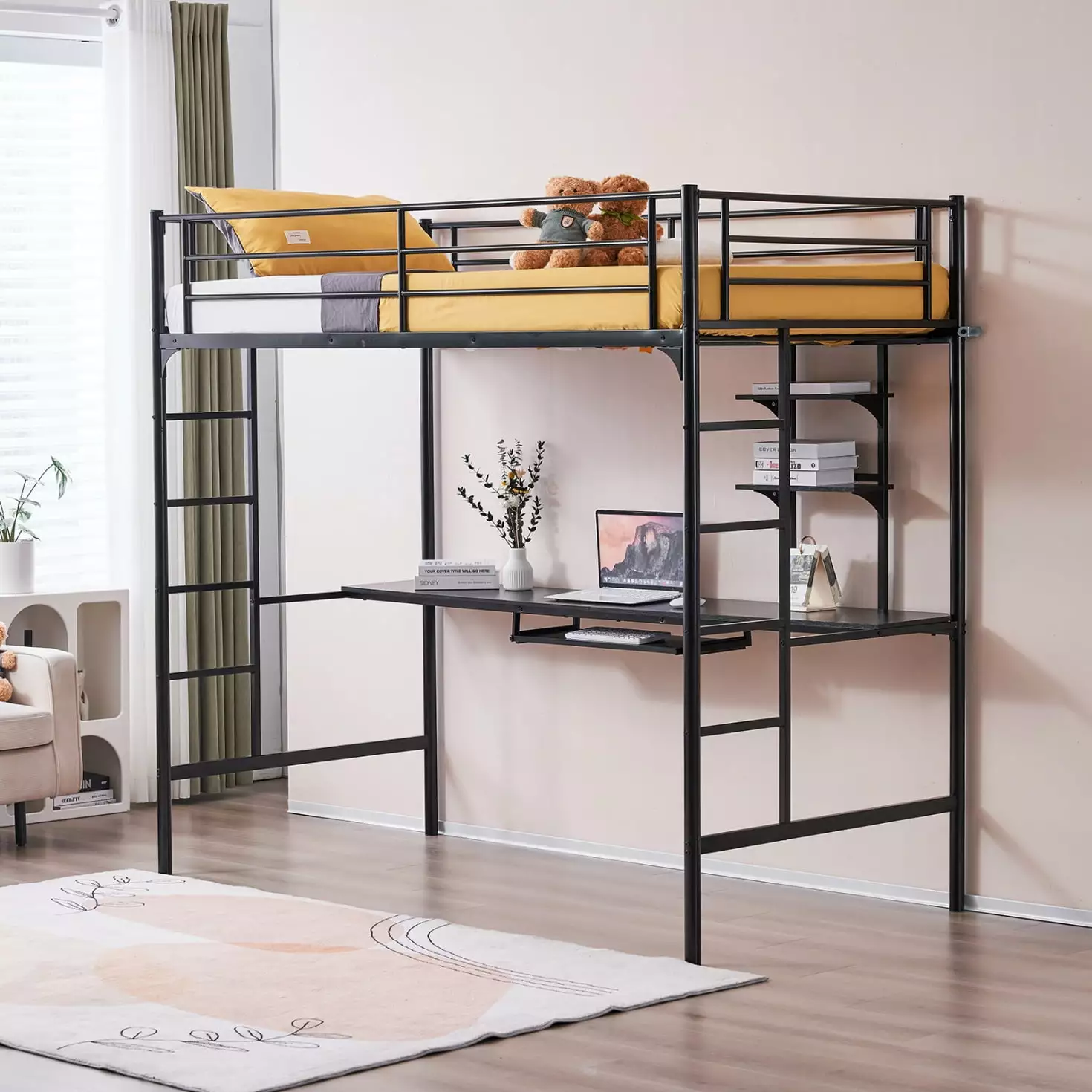 Black Twin Loft Bed Desk 2-tier Storage Shelves 2 Built- Ladders Full-length Guardrail Kids Teens Adults JINS & VICO