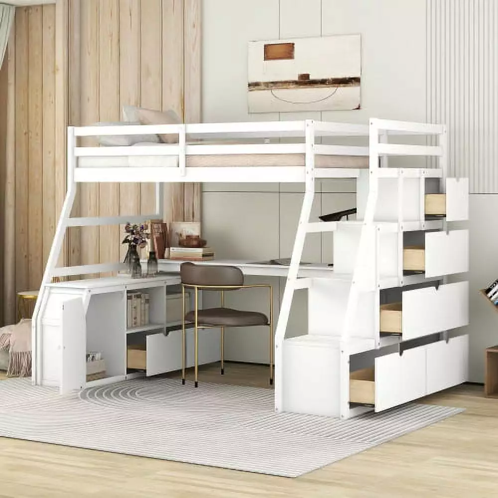Twin Loft Bed Desk Storage Stairs 7 Drawers 2 Shelves Cabinet White Wood Frame JINS & VICO