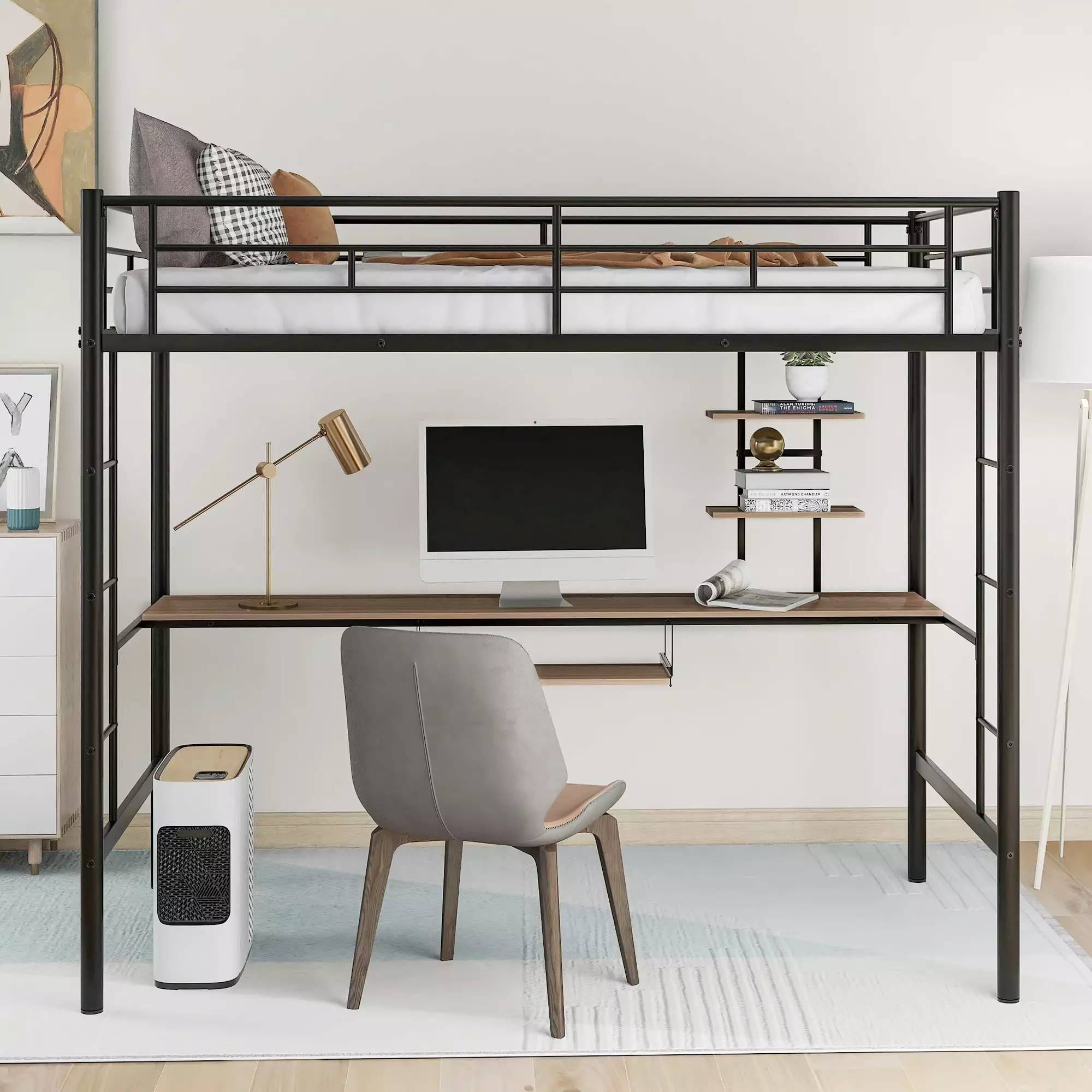 Twin Size Metal Loft Bed Desk Storage Shelves and 2 Ladders Black No Box Spring Needed LegaHome