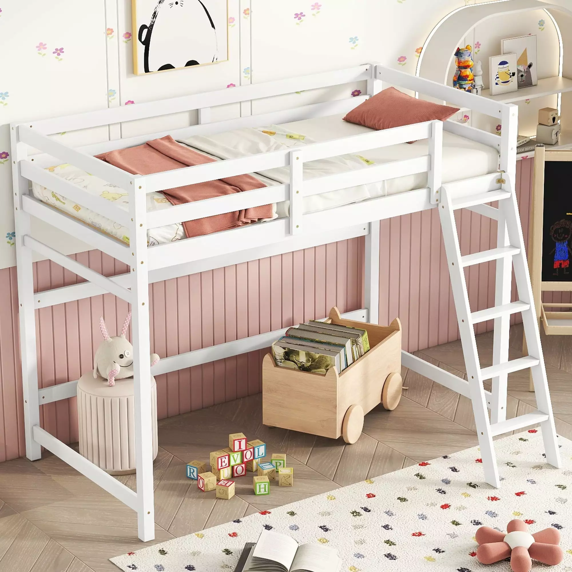 Miniyam Twin Size High Loft Bed - Quiet Space-Saving Bed Frame Full-Length Guardrail White