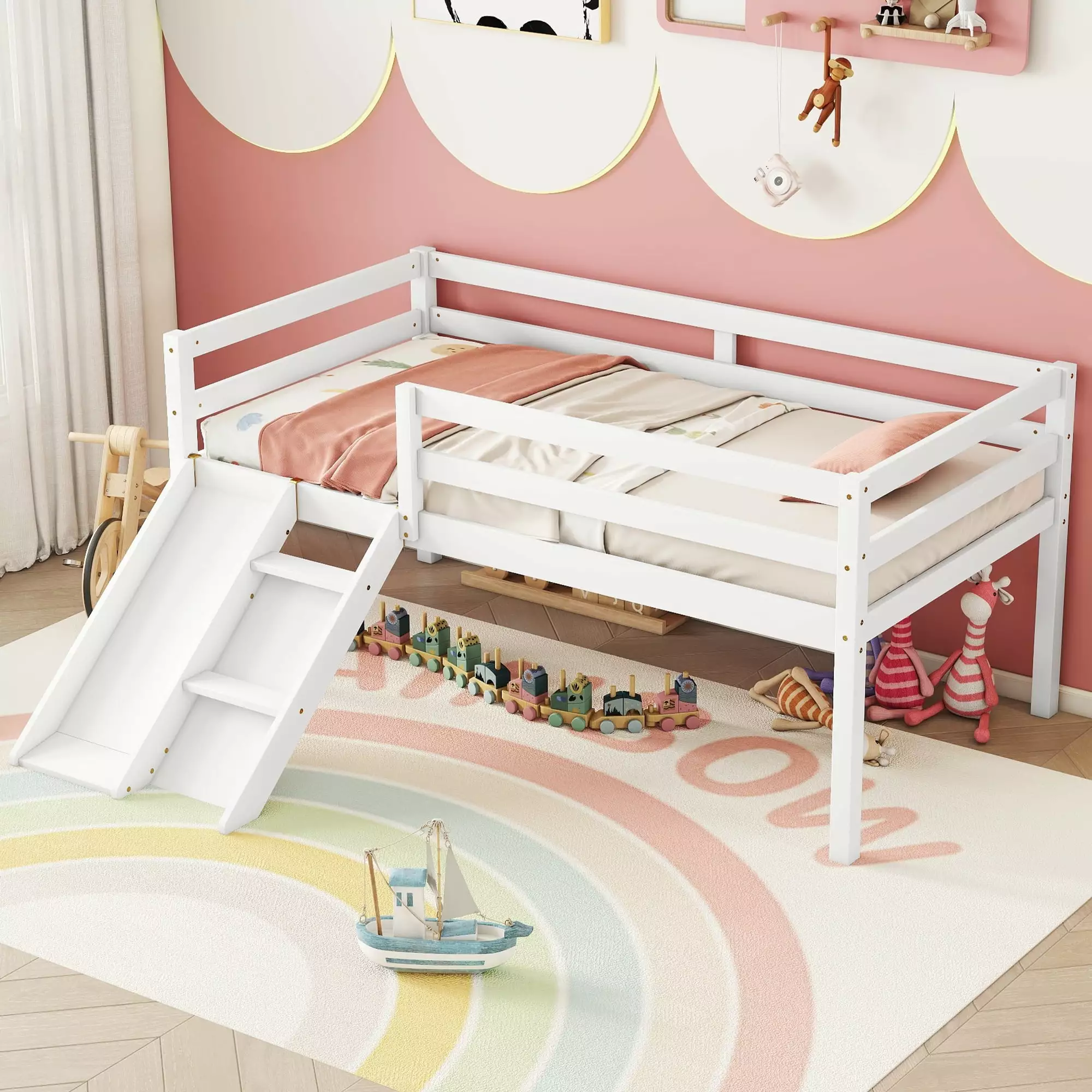 Twin Size Loft Bed Slide Ladder and Protectty Guardrails White Miniyam