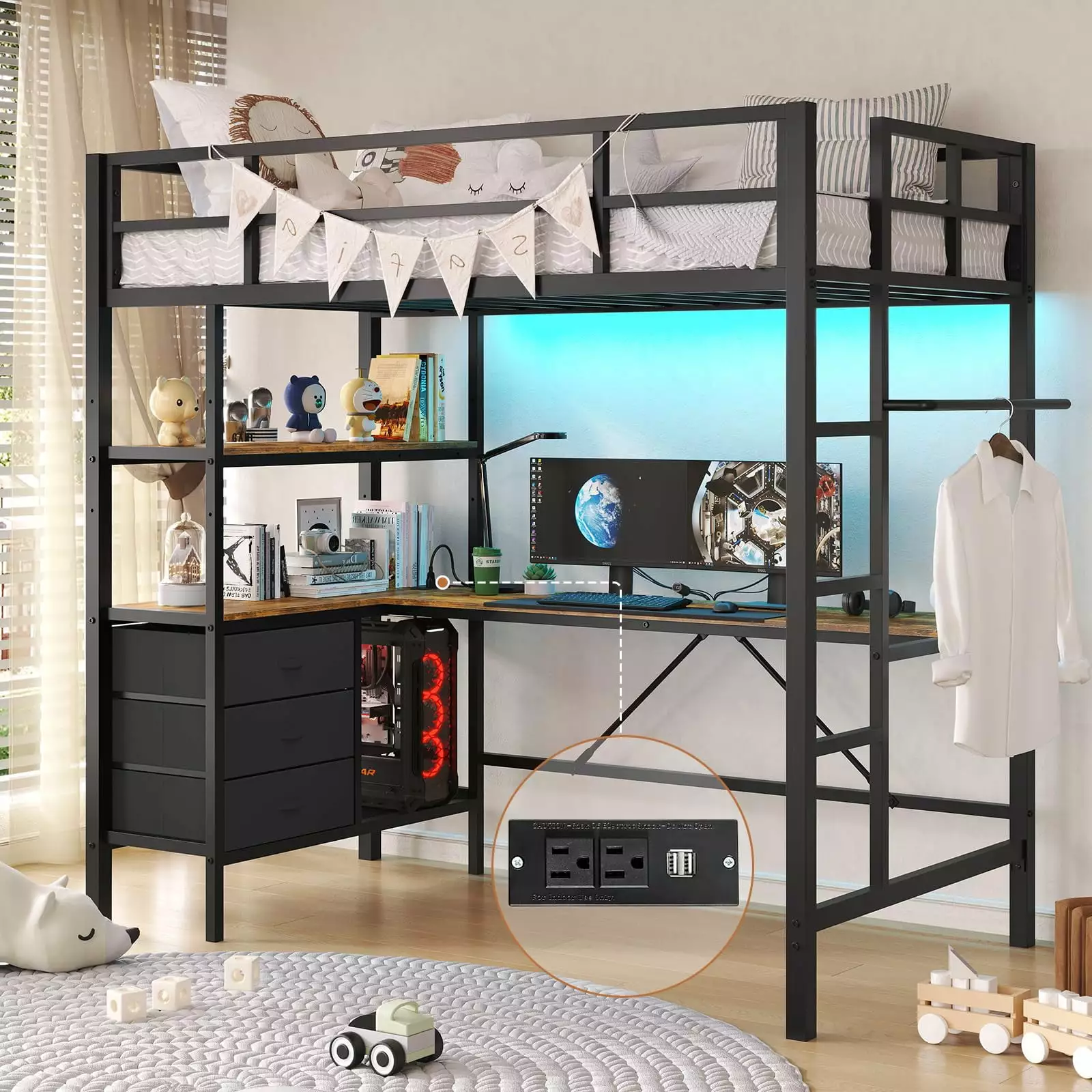 Loft Bed Frame Stairs and Guardrails Kids Teens Adults Metal Loft Bed LED Lights and Charging Station Space-Saving Bed L-S...