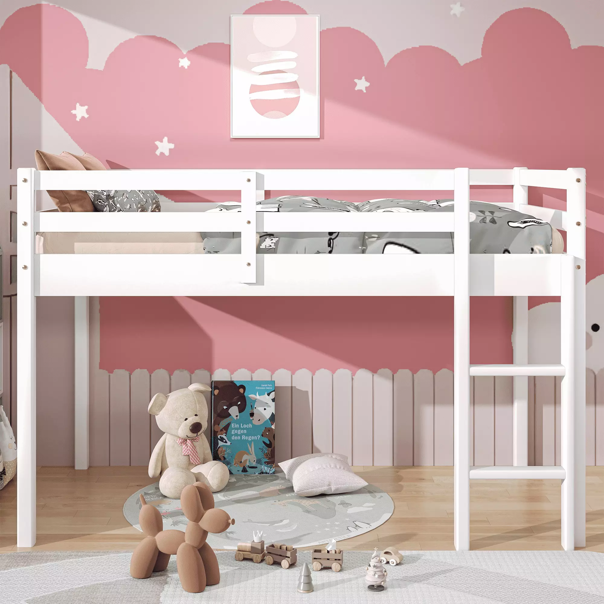 PAPROOS Twin Size Solid Wood Loft Bed Frame 14 Wooden Slats Low Loft Bed Kids Boys Girls