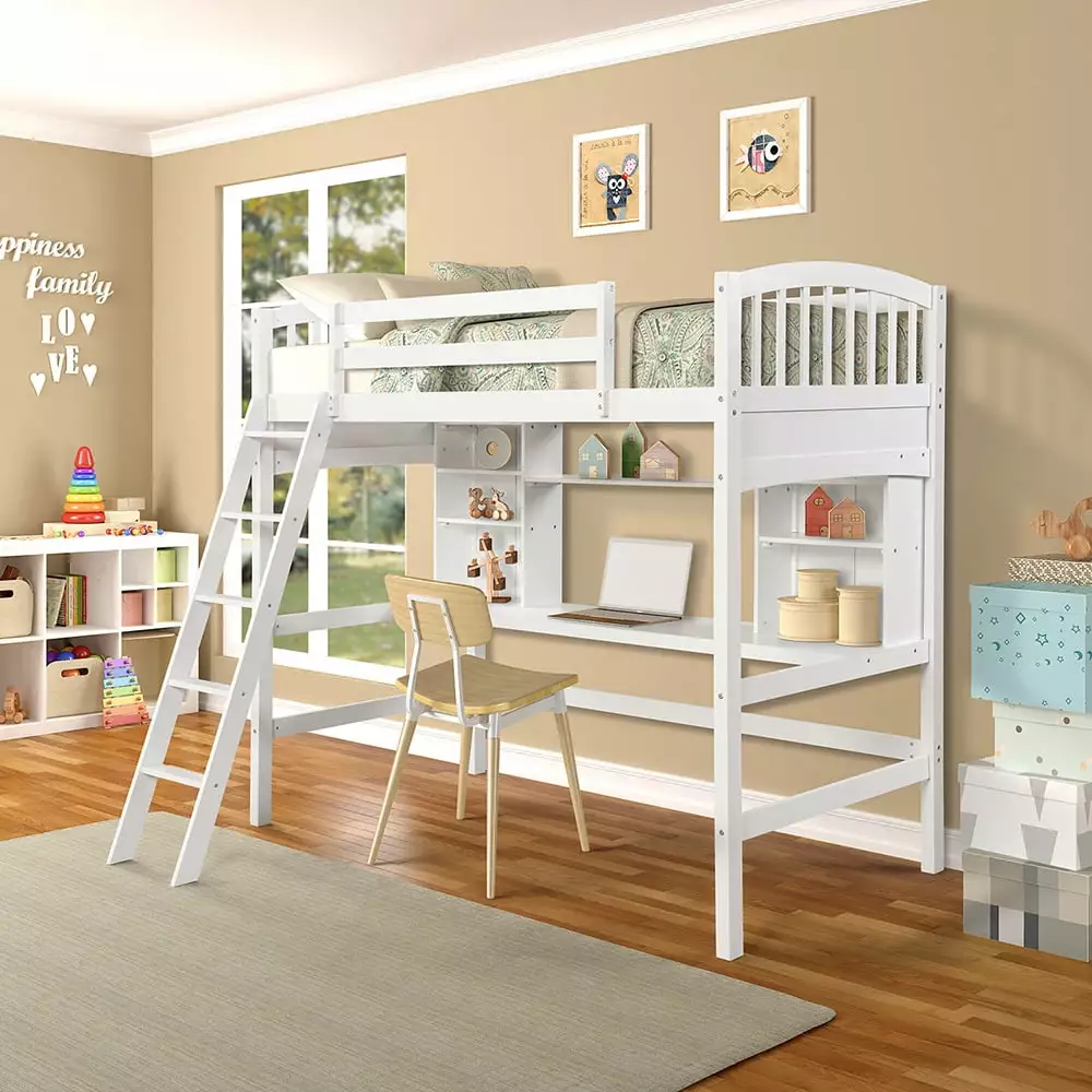 Private Jungle Loft Beds Storage Bookshelves Desk Kids Teens White