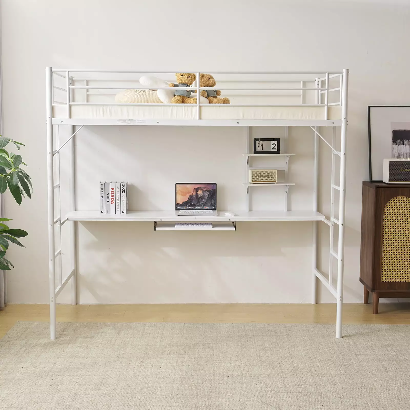 SamyoHome Twin Metal Loft Bed Merged Desk and Shelves - White Bunk Bed Kids