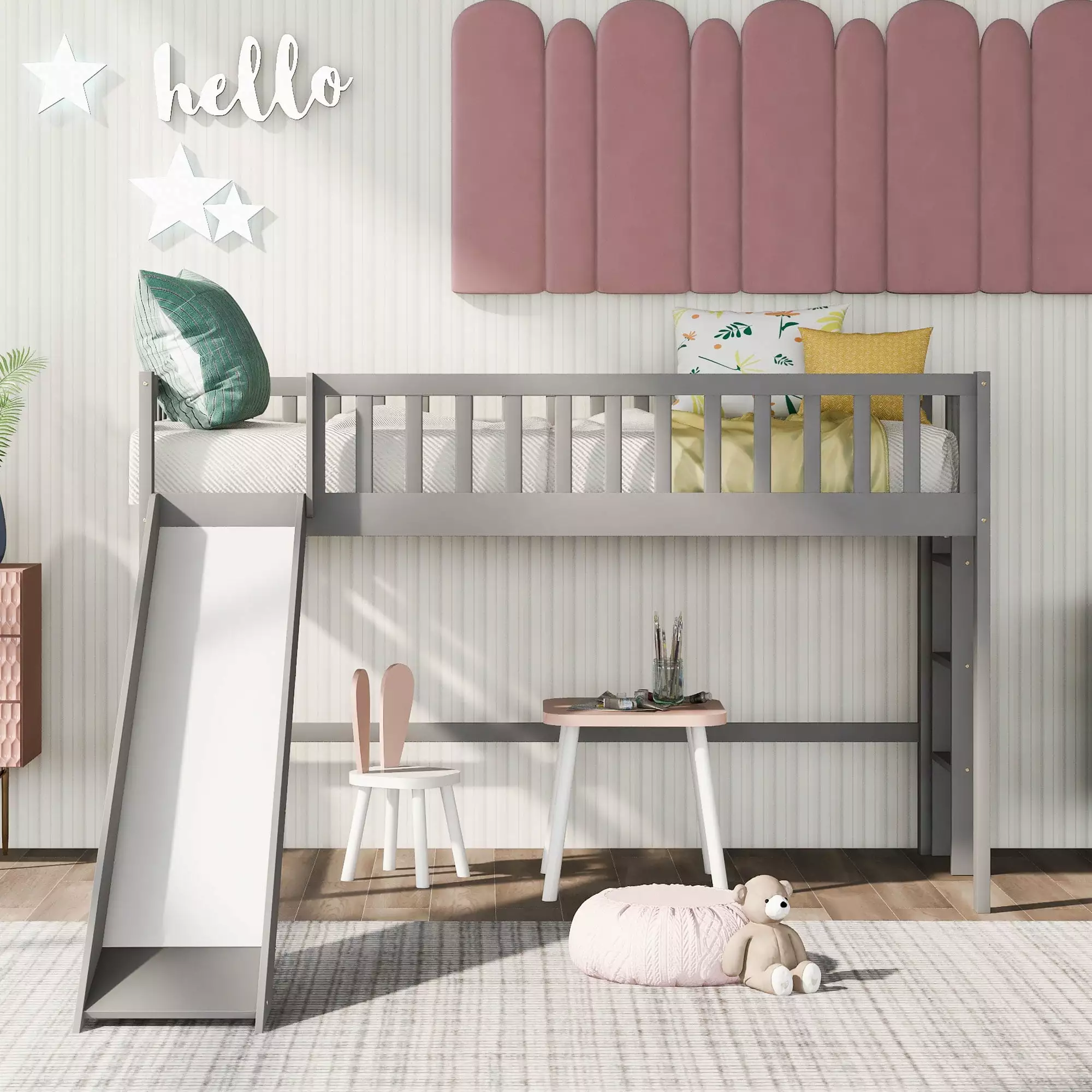Low Loft Bed Twin Size Seizeen Solid Wood Frame Slide Ladder Kids Teens Gray