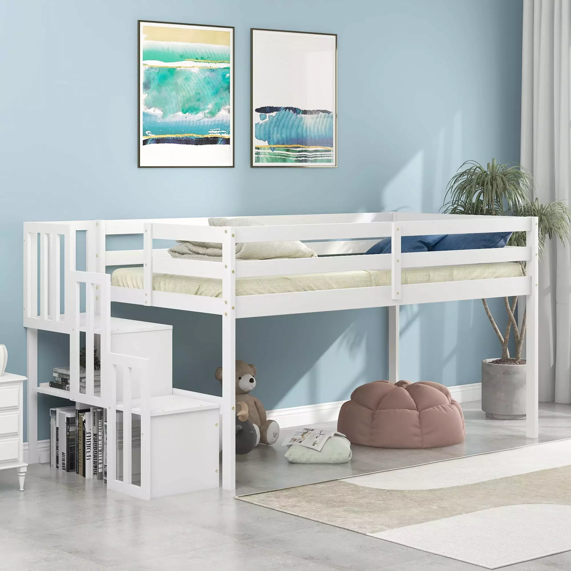Loft Bed Staircase Kids Wood Twin Loft Bed 3 Step Staircase Storage Protectty Rail White Sesslife