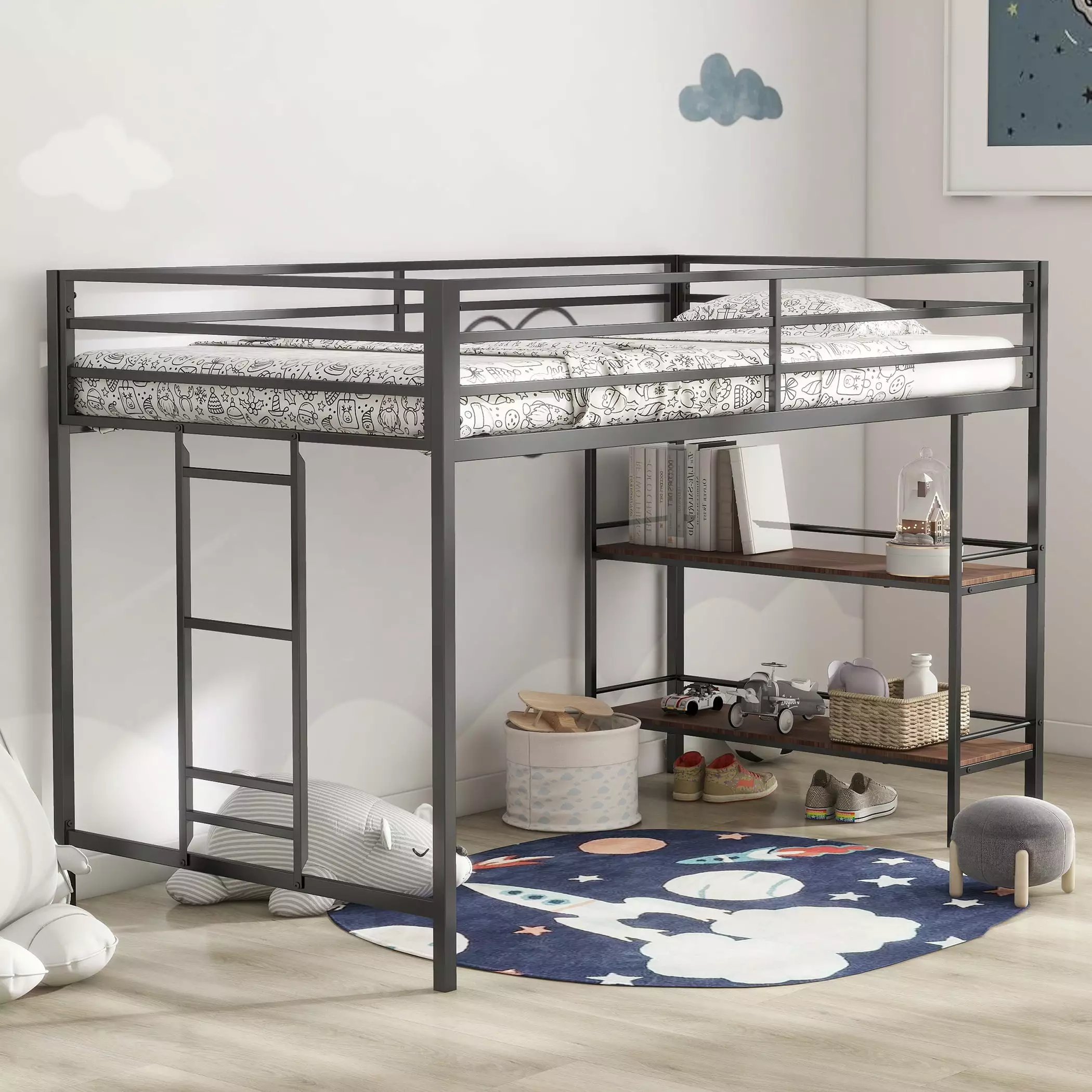Sesslife Twin Low Loft Bed Frame Sturdy Metal Loft Bed 2 Storage Shelves Modern Twin Size Bed Frame