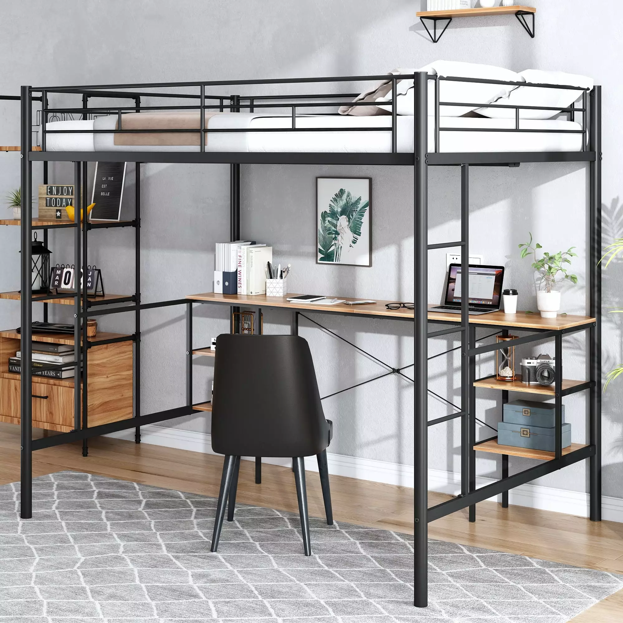 SYNGAR Black Full Loft Bed Metal Frame Desk and Bookcase Kids and Teens
