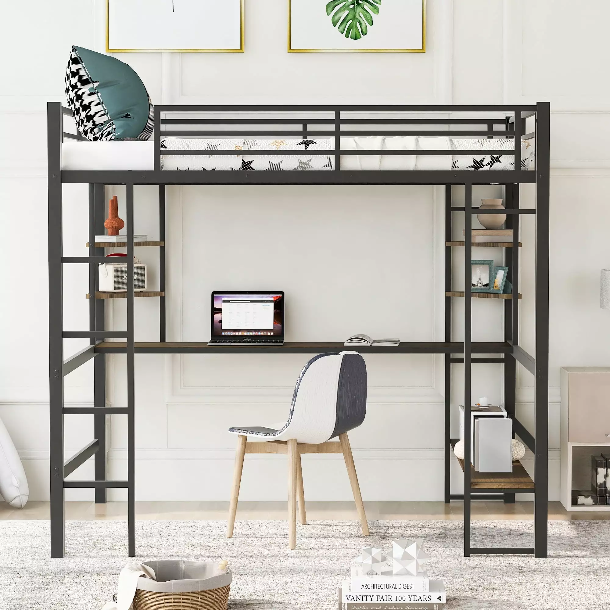 SYNGAR Twin Size Loft Bed Desk Ladder and Full-Length Guardrail Kids White