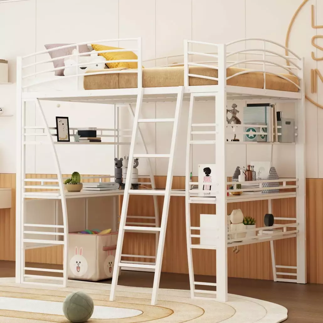 Full Size Loft Bed L-shaped Desk and Storage Shelves Metal Frame Sockets and USB Ports High Loft Bed Guardrail and Ladder ...