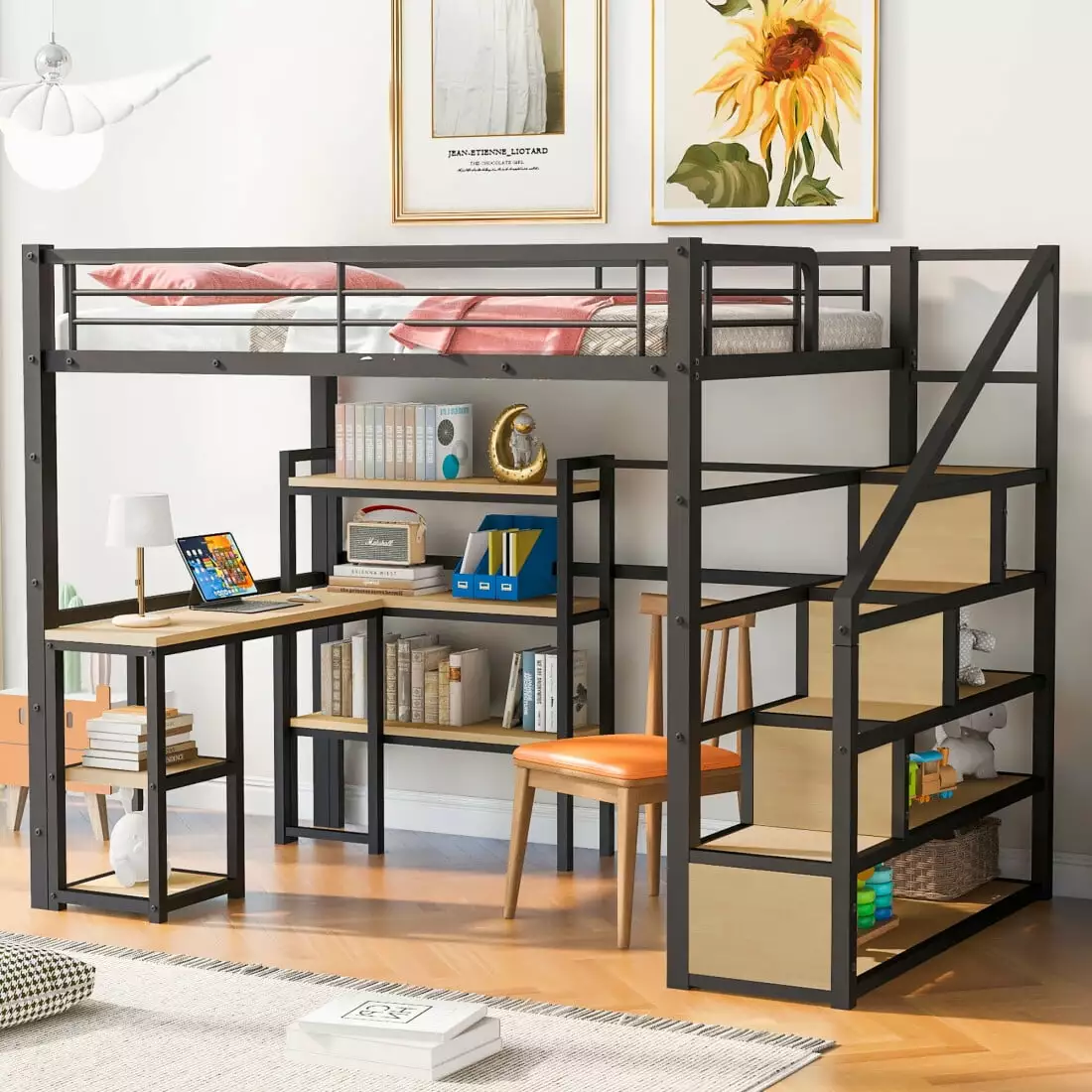 Full Size Loft Bed Storage Staircase 3 1 Design Heavy Duty Metal Bed Frame Built- Desk and 3-Tier Shelves Black Triple Tree