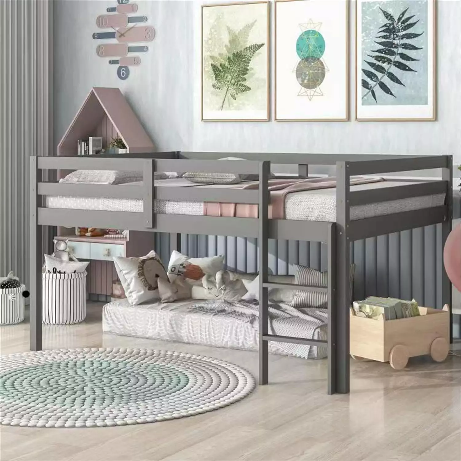 Low Loft Bed Full Size Wood Frame Ladder Guardrails Kids Boys Girls Easy Assembly Gray Triple Tree
