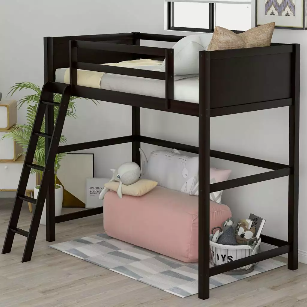 Solid Wood Twin Size Loft Bed - Modern High Loft Bed Ladder Guardrail Espresso Triple Tree