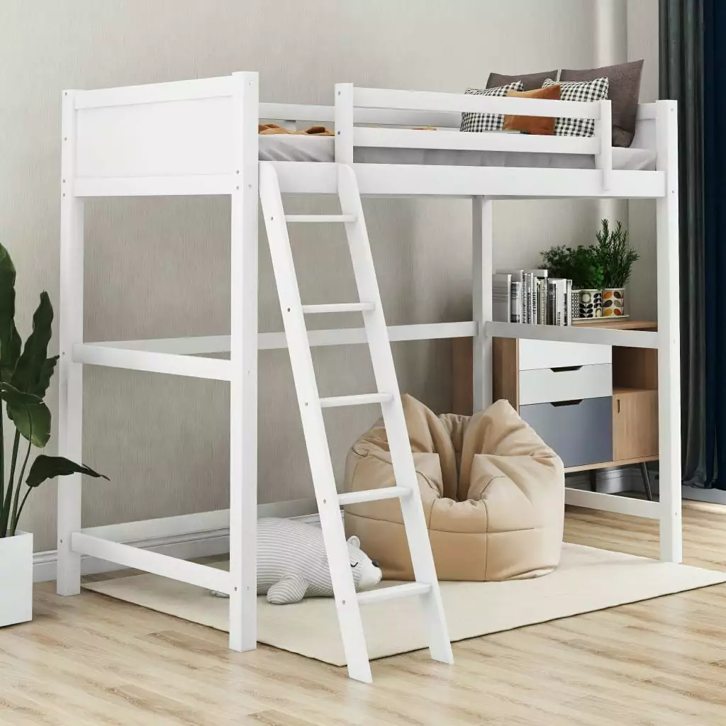 Triple Tree Wood Loft Bed Kids Twin Size Loft Bed Frame Ladder and Guardrail Space-Saving White