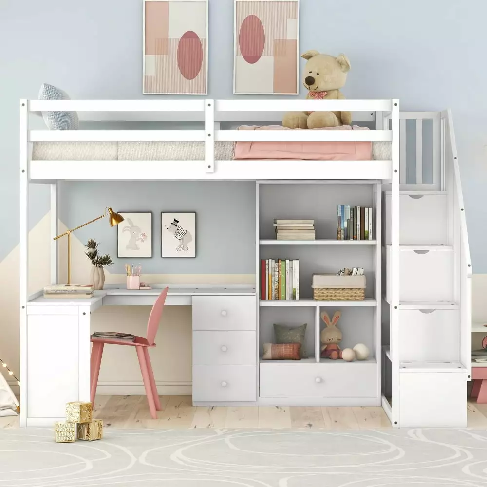 Twin Loft Bed L-Shaped Desk and Storage Staircase White Triple Tree