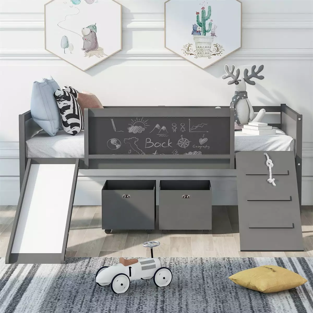 Twin Loft Bed Slide and Climbing Frame Kids 2 Storage Boxes Gray Triple Tree
