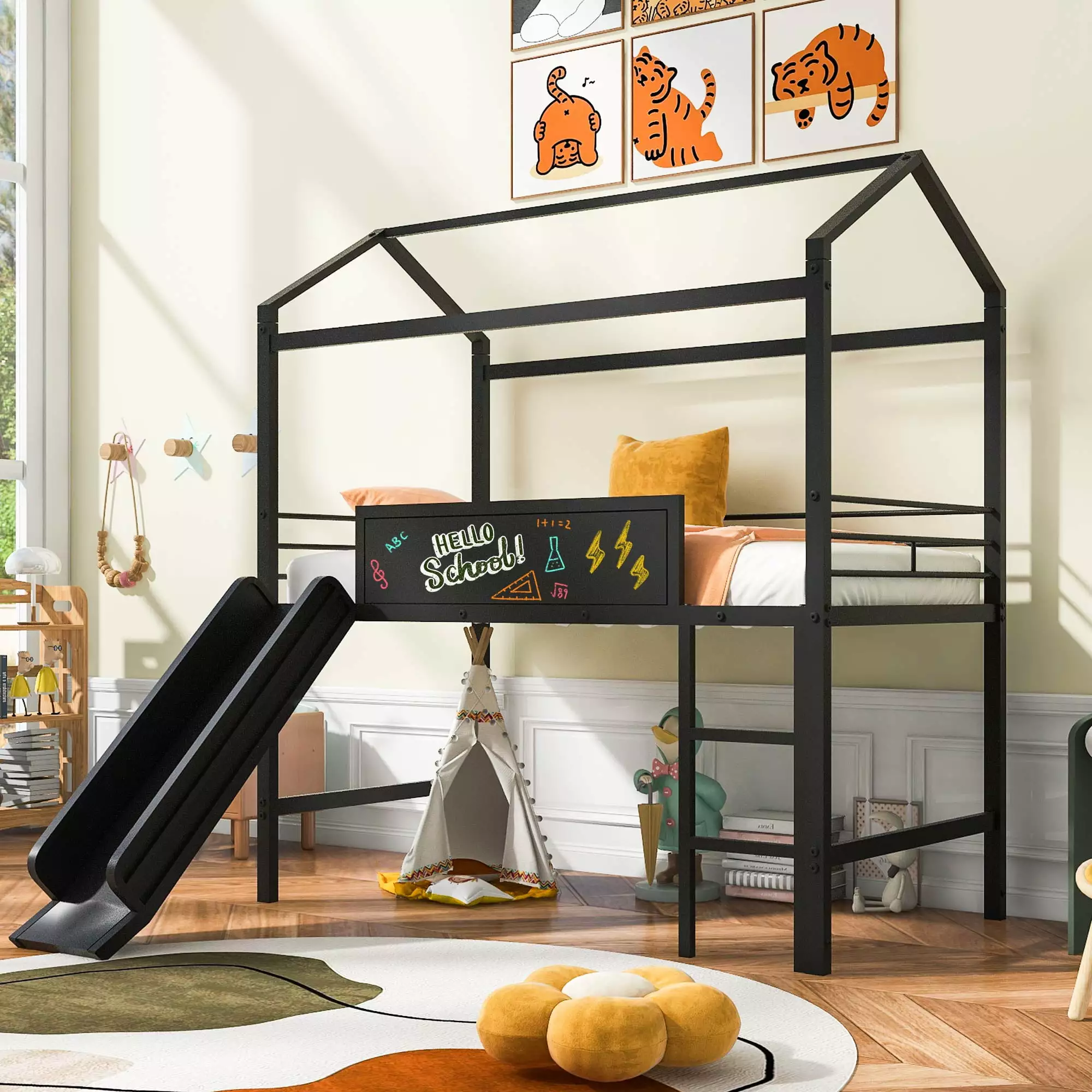 Twin Size Houtilize Loft Bed Slide and Two-sided Writable Wooden Board Black Triple Tree