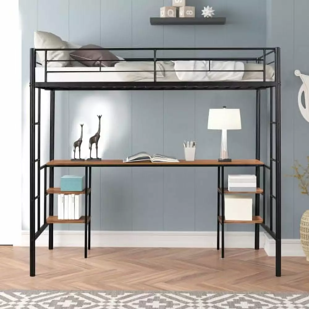 Twin Size Loft Bed Desk - Metal Loft Bed Safety Guardrails and Ladders - Heavy Duty Space-Saving Bed Frame Shelves - Black...