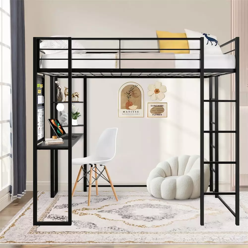 Twin Size Loft Bed Desk and Shelves Kids Metal Bed Frame 2 Ladders Holds 200lbs Triple Tree