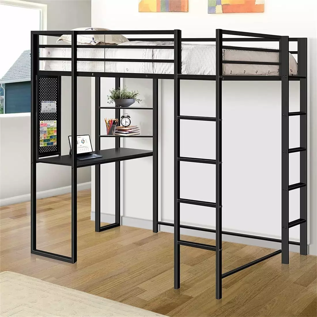 Twin Size Loft Bed Desk and Shelves Kids Teens Adults Metal Bed Frame Two Ladders and Full-Length Guardrail Noise Free Tri...